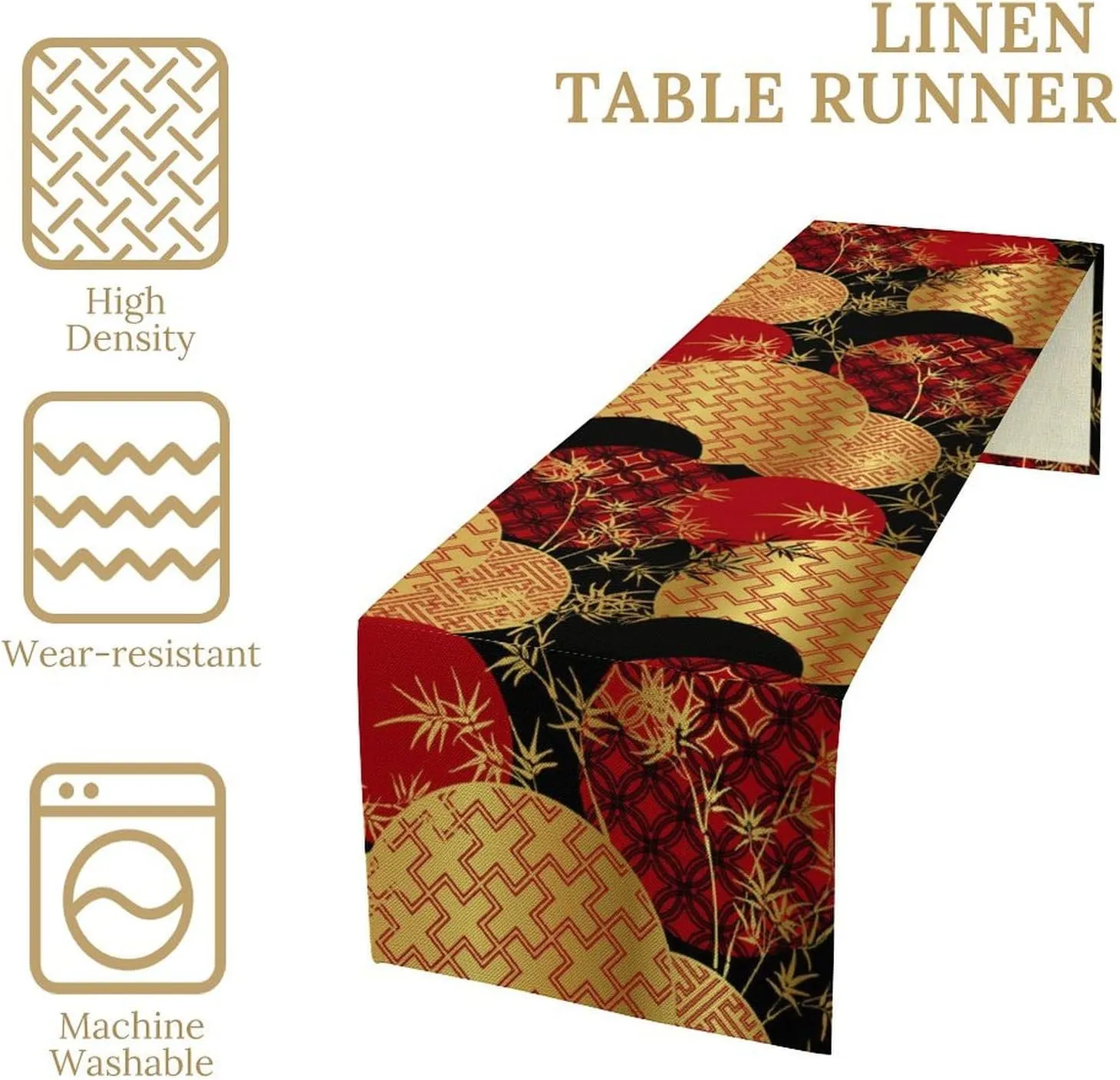 Japanese Table Runner, Asian Chinese Luxury Red Black Gold Bamboo Leaves Print Tabletop Cloth for Dining Table Holiday Party Decorations Oriental Decor, 13x108inch