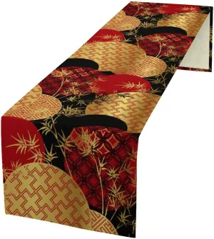 Japanese Table Runner, Asian Chinese Luxury Red Black Gold Bamboo Leaves Print Tabletop Cloth for Dining Table Holiday Party Decorations Oriental Decor, 13x108inch
