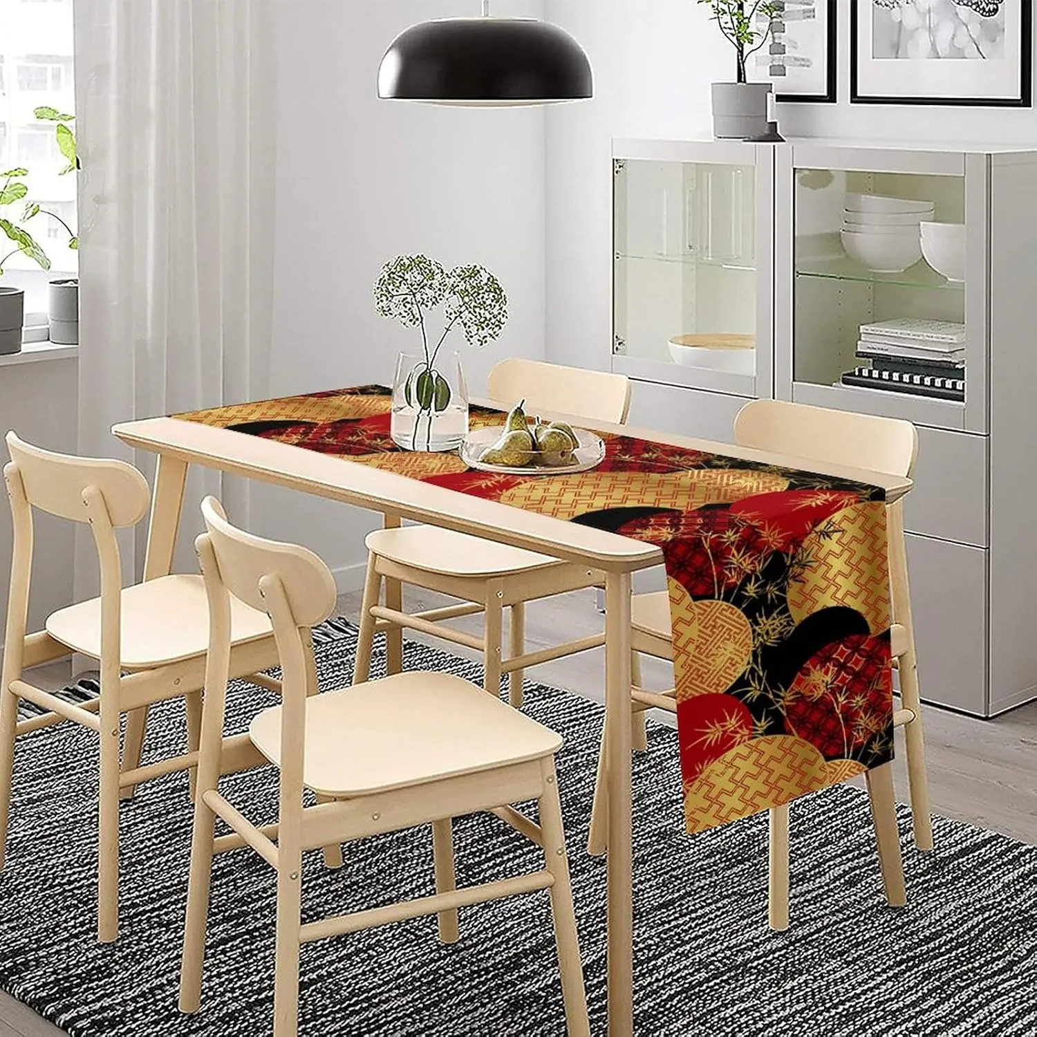 Japanese Table Runner, Asian Chinese Luxury Red Black Gold Bamboo Leaves Print Tabletop Cloth for Dining Table Holiday Party Decorations Oriental Decor, 13x108inch
