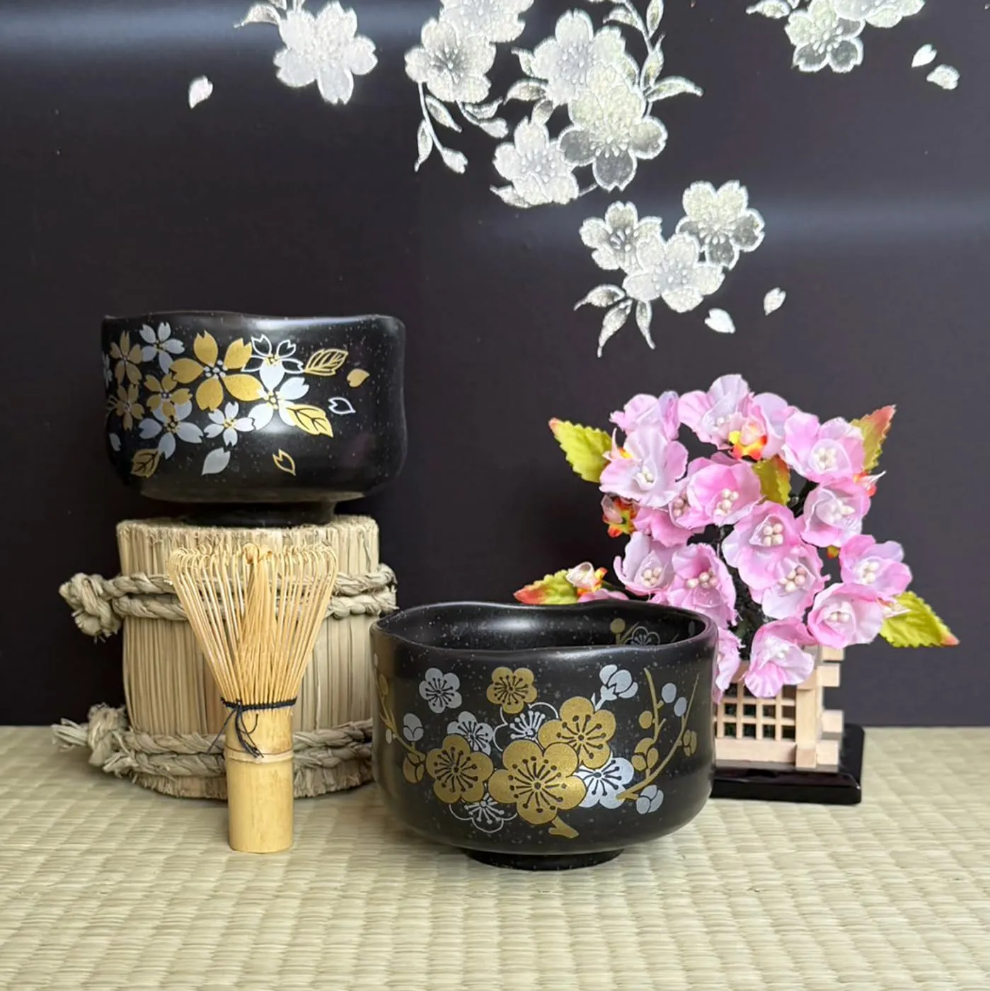Japanese Traditional Mino Ware Handcrafted Mini Matcha Chawan Tea Bowl Cup Set With Chasen Bamboo Tea Whisk Ceremony Tableware Pottery (Tenmoku Sakura)