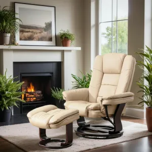 JC Home Argus Swivel Recliner with Ottoman, PU Leather & Wood Base Reclining Chair with Footrest, Ultra-Plush Double Foam for Living Room, Bedroom and Office