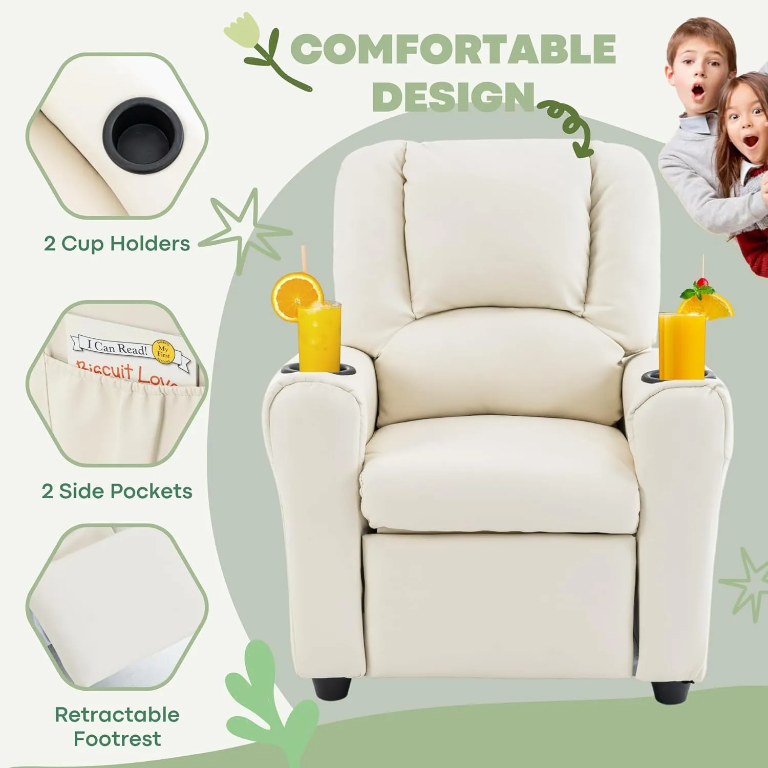 JC HOME Candy Kids Reclining Chair Leather Recliner Sofa Push Back Toddler Youth Children Child Ages 1-6