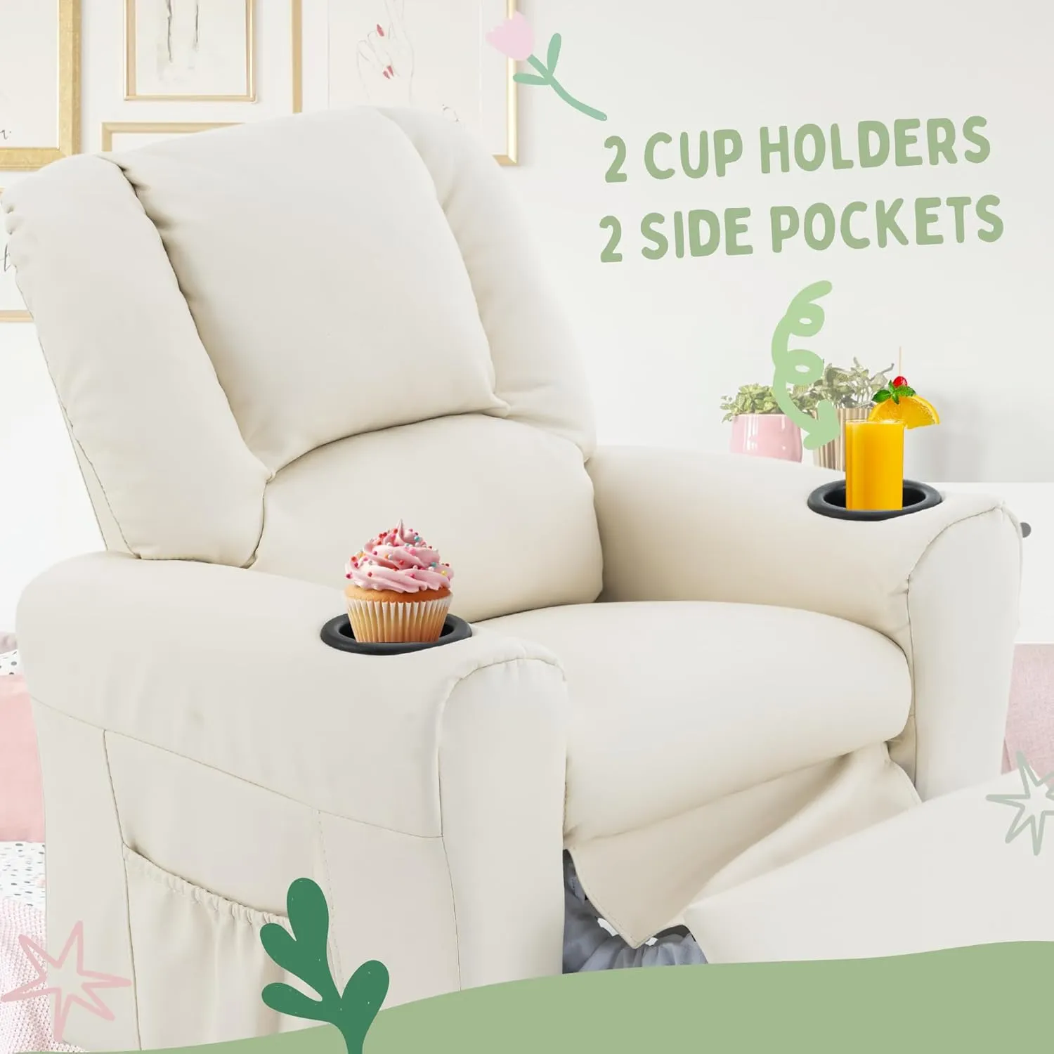 JC HOME Candy Kids Reclining Chair Leather Recliner Sofa Push Back Toddler Youth Children Child Ages 1-6