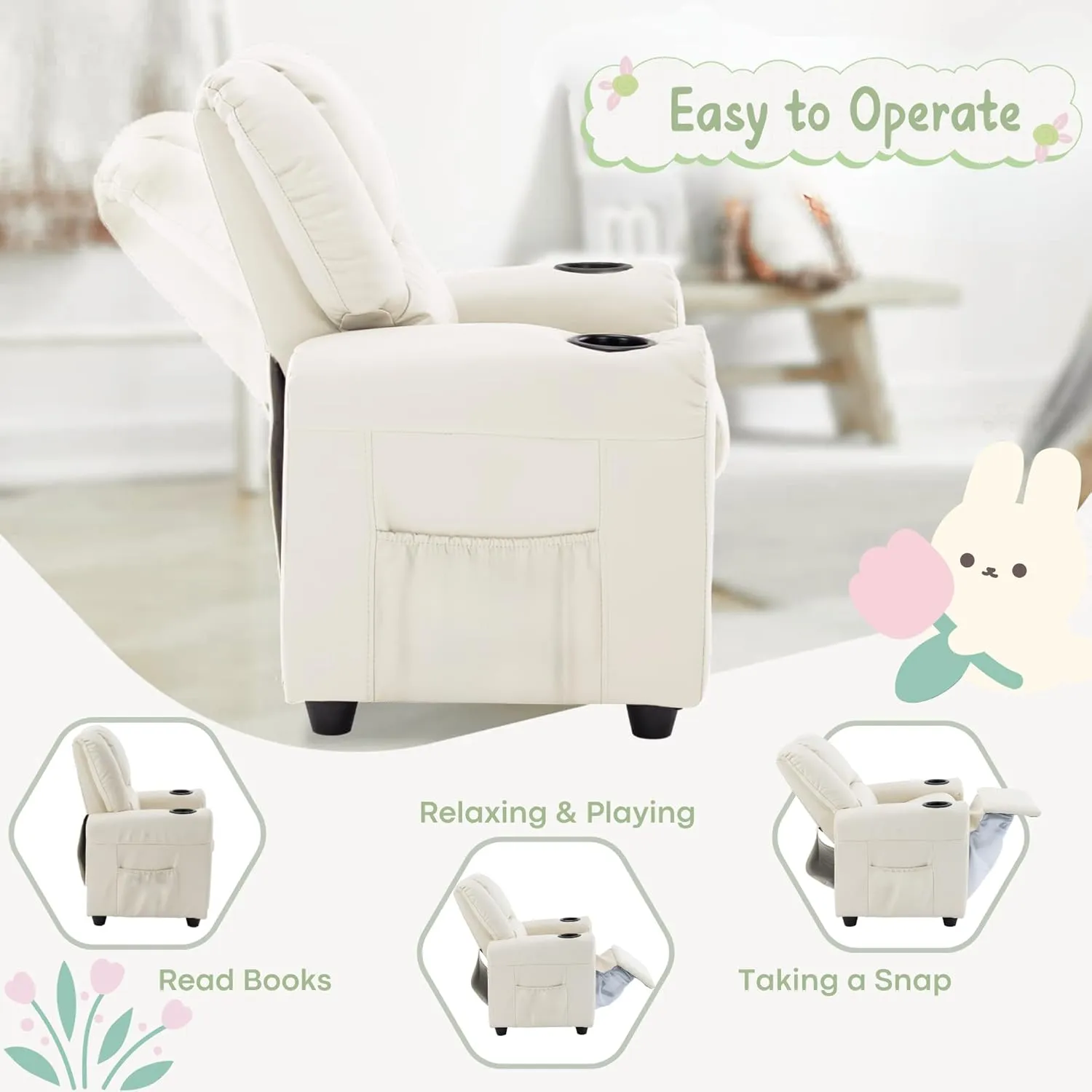 JC HOME Candy Kids Reclining Chair Leather Recliner Sofa Push Back Toddler Youth Children Child Ages 1-6