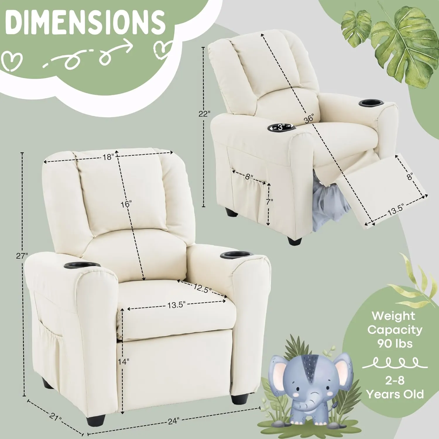 JC HOME Candy Kids Reclining Chair Leather Recliner Sofa Push Back Toddler Youth Children Child Ages 1-6