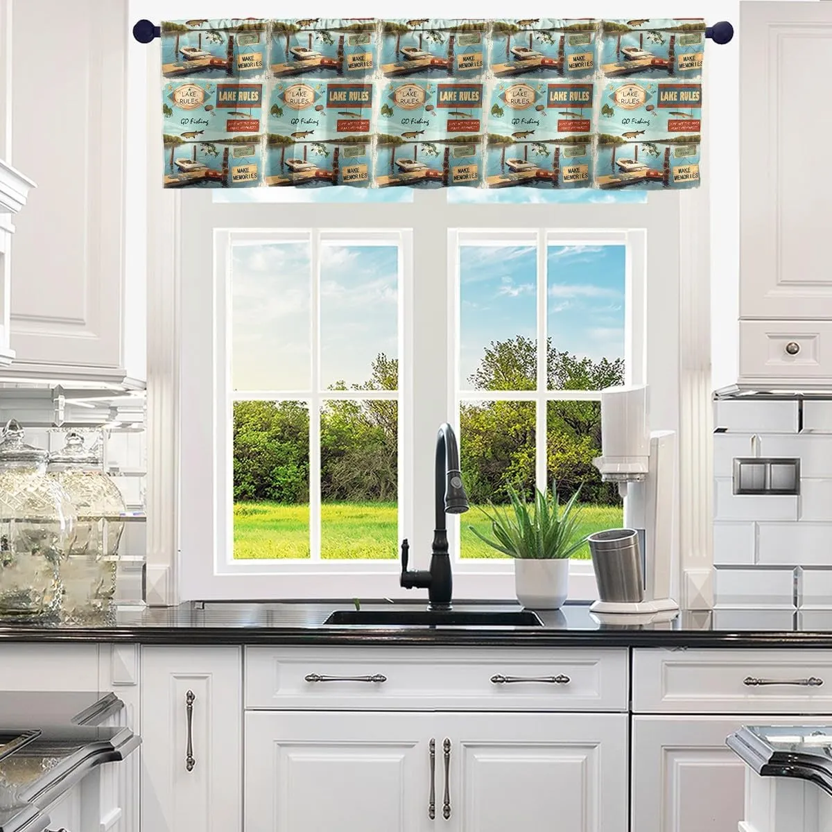 jejeloiu Lake Valance Curtains for Living Room Bedroom Bathroom 1 Panel 52"x18" Kids Lakeside Pike Fish Boat Kitchen Valances for Boys Girls Teens Fishing Window Treatment Natural Scenery