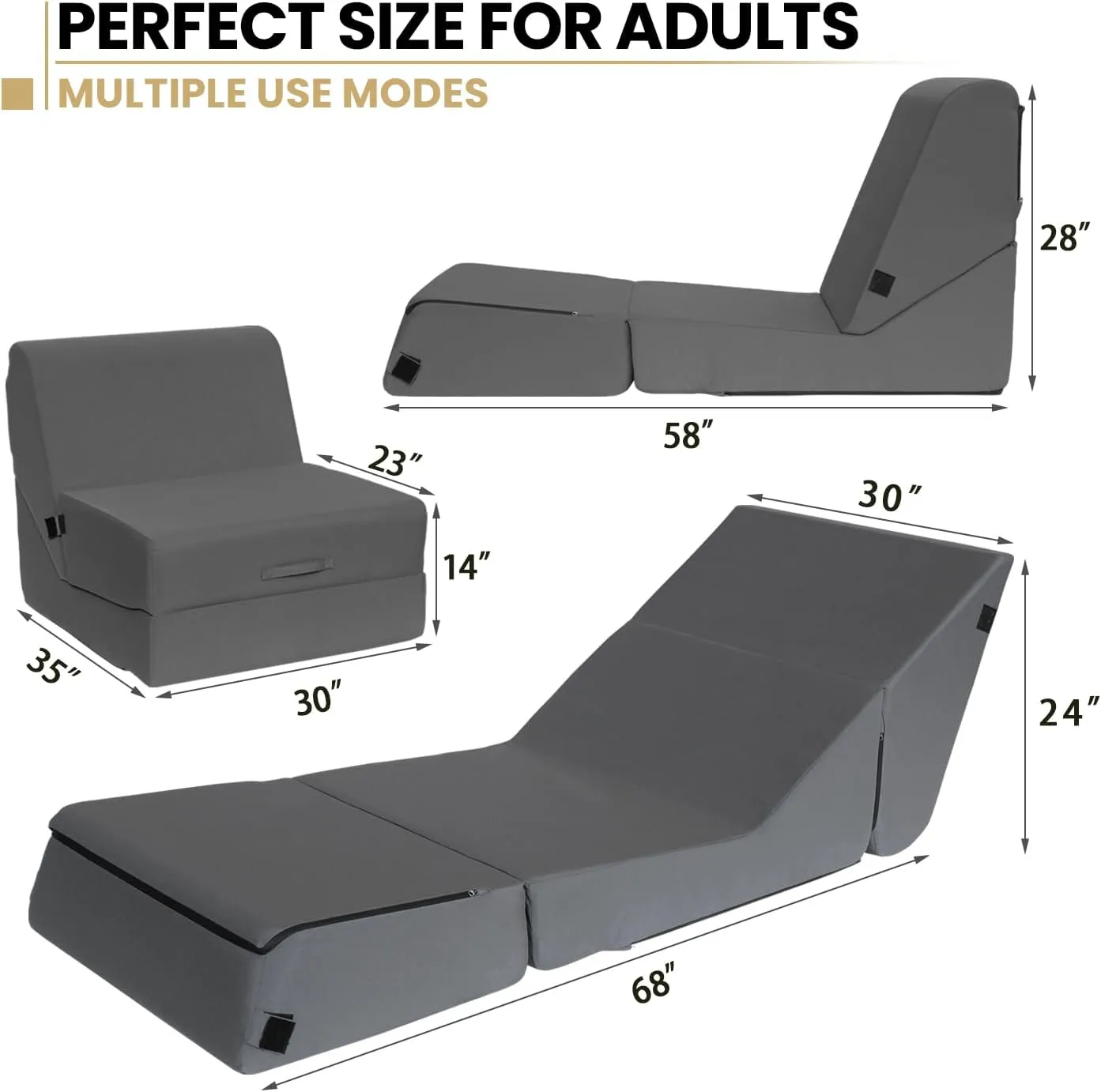 jela Outdoor Chaise Lounge, Waterproof Folding Sofa Bed Lounge Chair, UV Resistant Folding Lounge Chair with Machine Washable Cover, Soft Foam Patio Chairs Pool Lounge Chairs (Darkgrey)