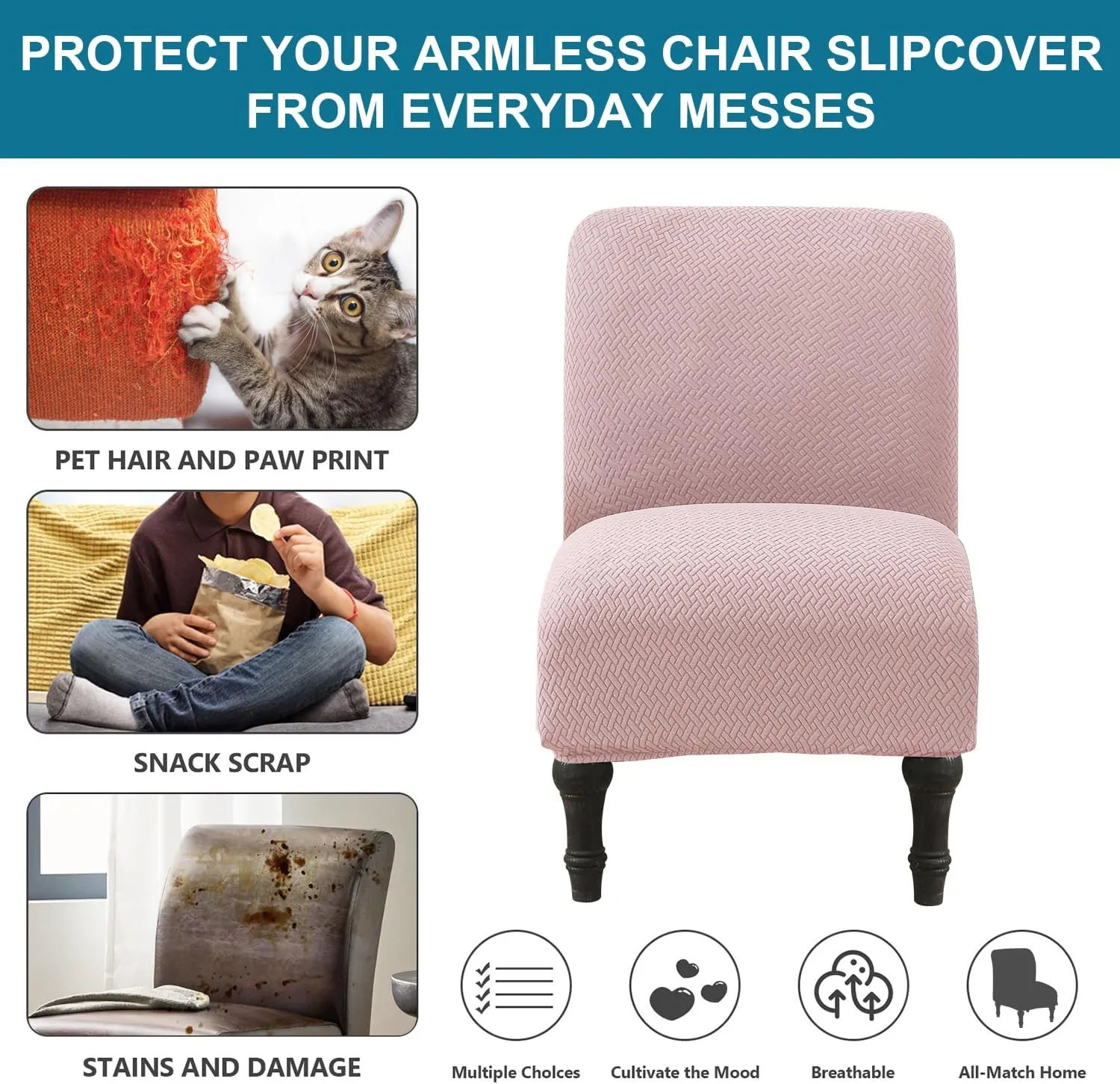 JIAN YA NA Armless Accent Chair Cover, Stretch Armless Chair Slipcover Spandex Armless Chair Covers Slipper Chair Slipcover Furniture Protector Covers for Living Room Bedroom(Knitted, Pink)