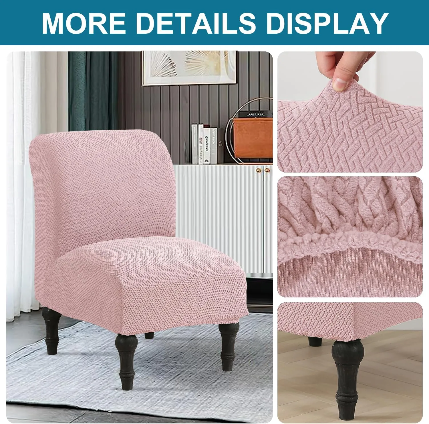 JIAN YA NA Armless Accent Chair Cover, Stretch Armless Chair Slipcover Spandex Armless Chair Covers Slipper Chair Slipcover Furniture Protector Covers for Living Room Bedroom(Knitted, Pink)