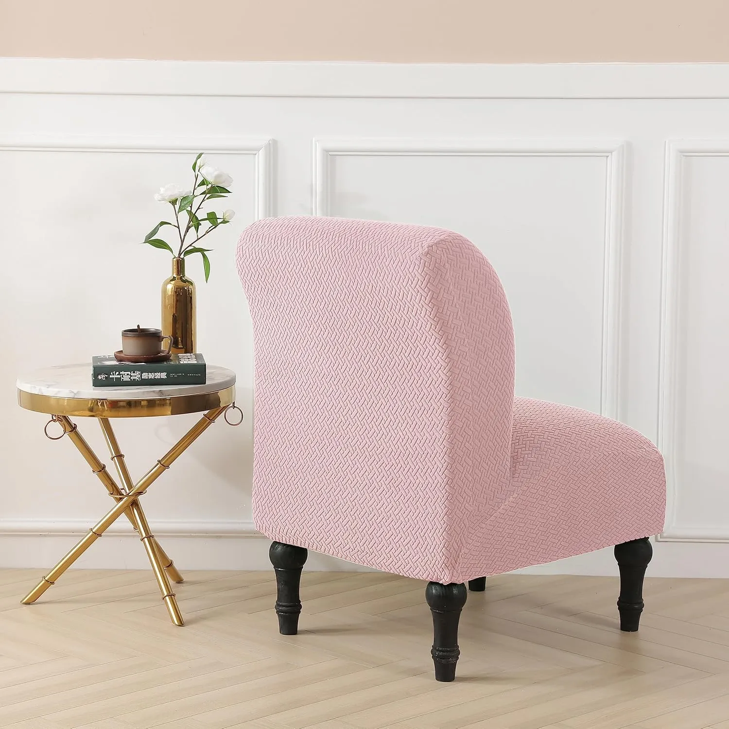 JIAN YA NA Armless Accent Chair Cover, Stretch Armless Chair Slipcover Spandex Armless Chair Covers Slipper Chair Slipcover Furniture Protector Covers for Living Room Bedroom(Knitted, Pink)