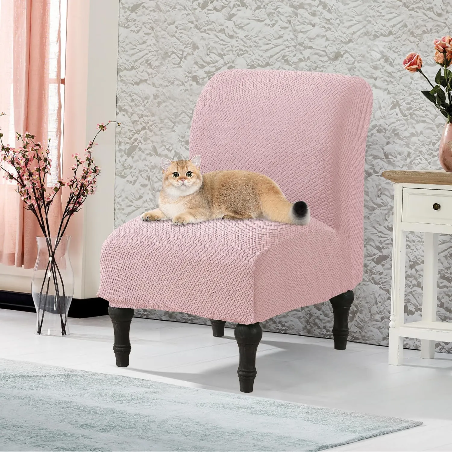 JIAN YA NA Armless Accent Chair Cover, Stretch Armless Chair Slipcover Spandex Armless Chair Covers Slipper Chair Slipcover Furniture Protector Covers for Living Room Bedroom(Knitted, Pink)