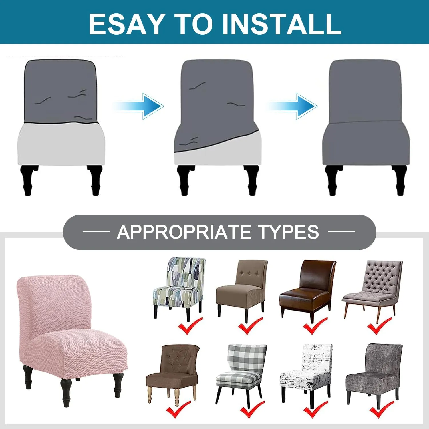 JIAN YA NA Armless Accent Chair Cover, Stretch Armless Chair Slipcover Spandex Armless Chair Covers Slipper Chair Slipcover Furniture Protector Covers for Living Room Bedroom(Knitted, Pink)