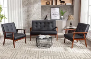 JIASTING Mid Century 1 Loveseat Sofa and 2 Accent Chairs Set Modern Wood Arm Couch and Chair Living Room Furniture Sets (8428 Black Set)