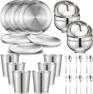 Jinei 30 Pcs 304 Stainless Steel Dinner Set Stainless Steel Plates and Bowls Include Plates Bowls Cups Forks Spoons Utensils Reusable Metal Camping Dinnerware Tableware for Home Outdoor Picnic Kitchen