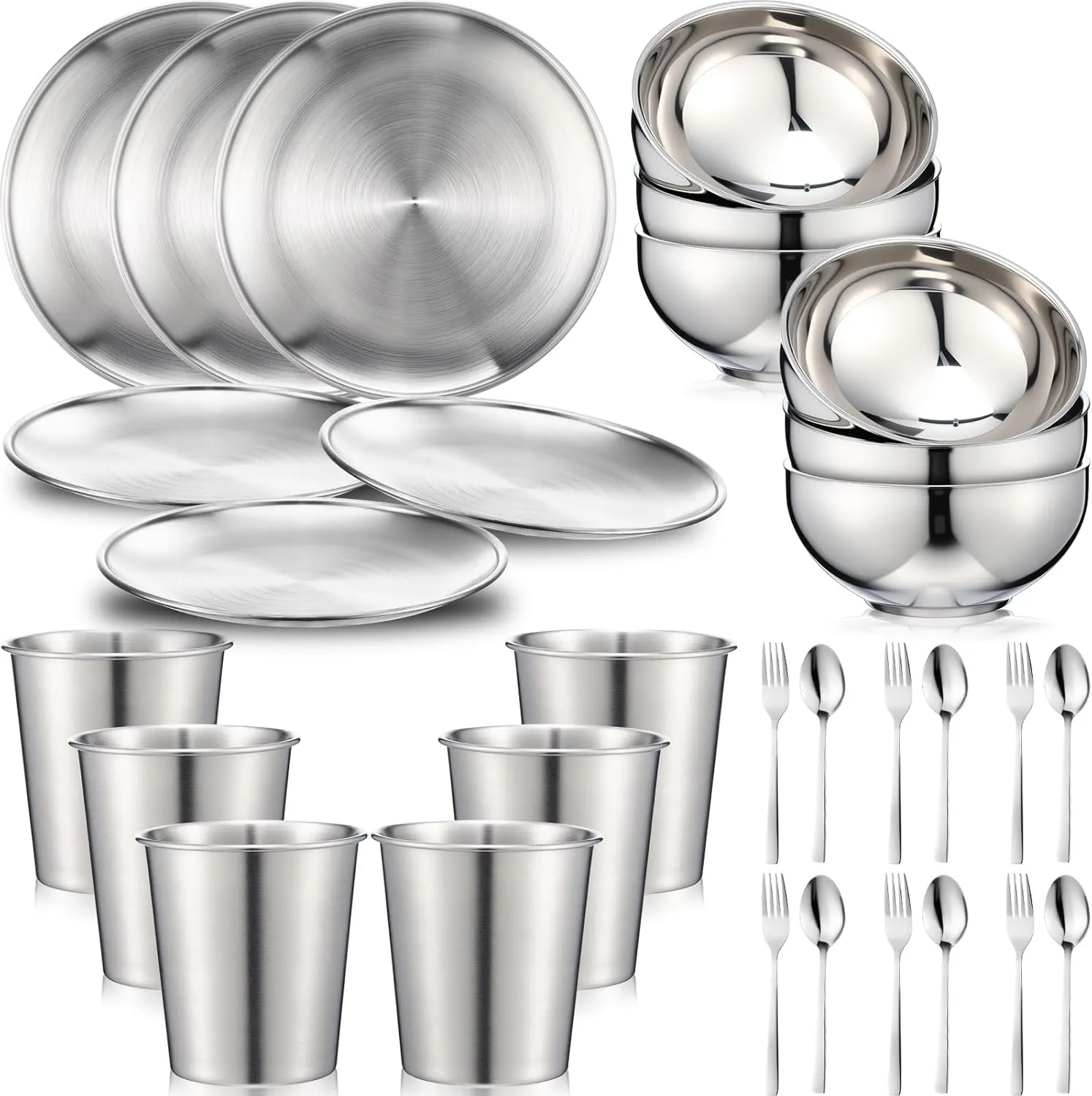 Jinei 30 Pcs 304 Stainless Steel Dinner Set Stainless Steel Plates and Bowls Include Plates Bowls Cups Forks Spoons Utensils Reusable Metal Camping Dinnerware Tableware for Home Outdoor Picnic Kitchen