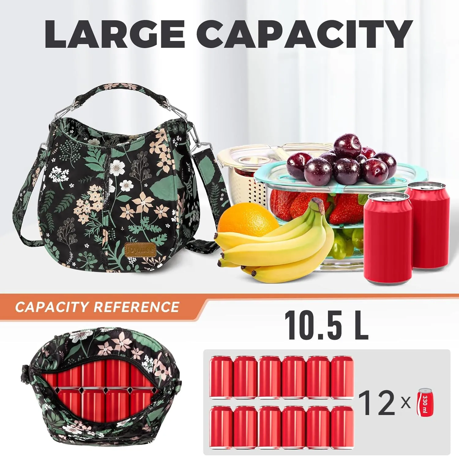 Joymee Lunch Bag for Women, Large Insulated Adult Lunch Box, Reusable Leakproof Cooler Tote Bag with Adjustable Shoulder Strap for Work Office Picnic Travel - Green Leaf