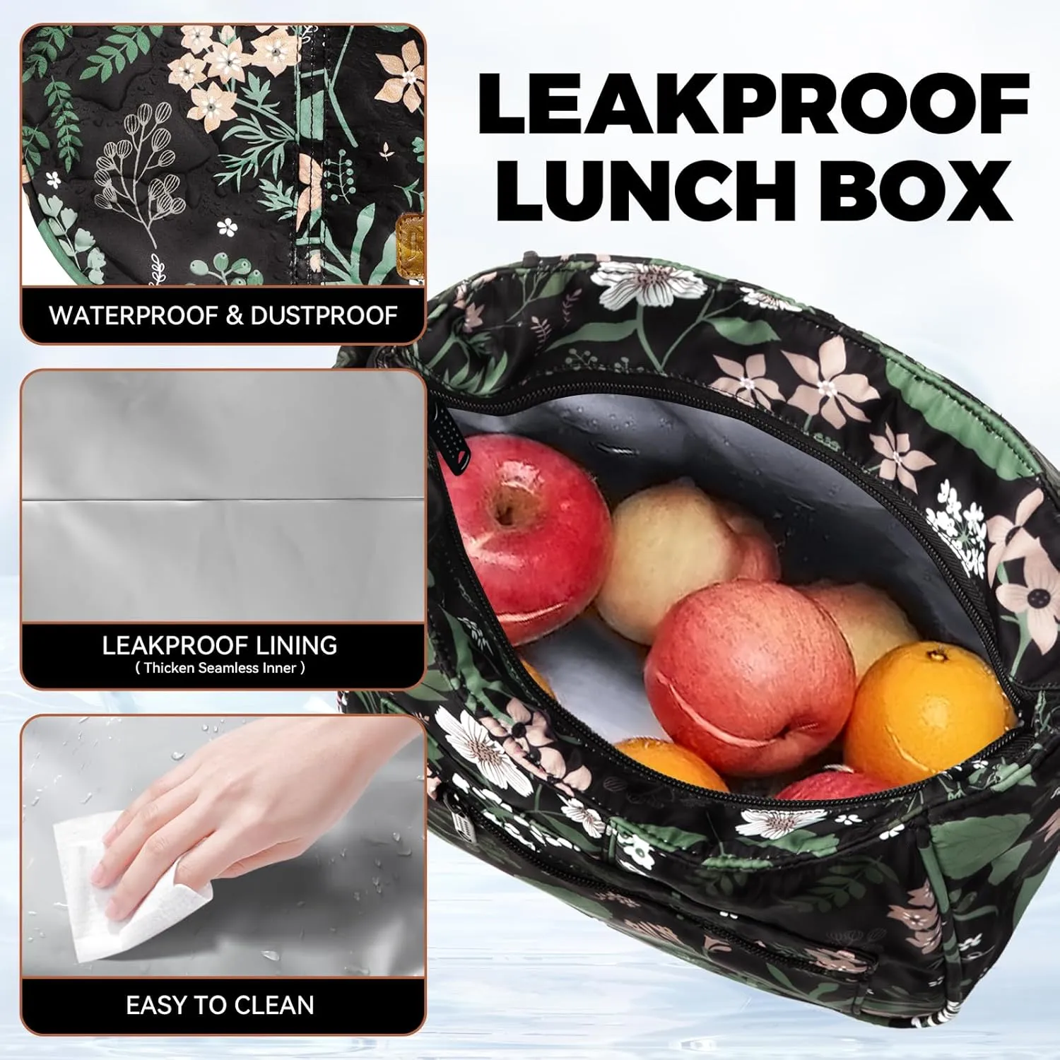 Joymee Lunch Bag for Women, Large Insulated Adult Lunch Box, Reusable Leakproof Cooler Tote Bag with Adjustable Shoulder Strap for Work Office Picnic Travel - Green Leaf