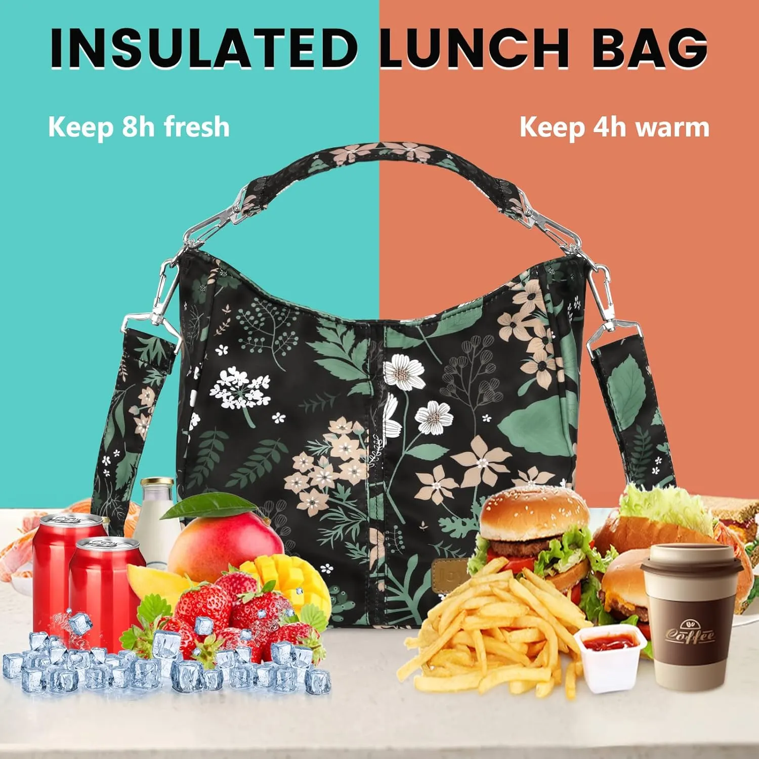 Joymee Lunch Bag for Women, Large Insulated Adult Lunch Box, Reusable Leakproof Cooler Tote Bag with Adjustable Shoulder Strap for Work Office Picnic Travel - Green Leaf