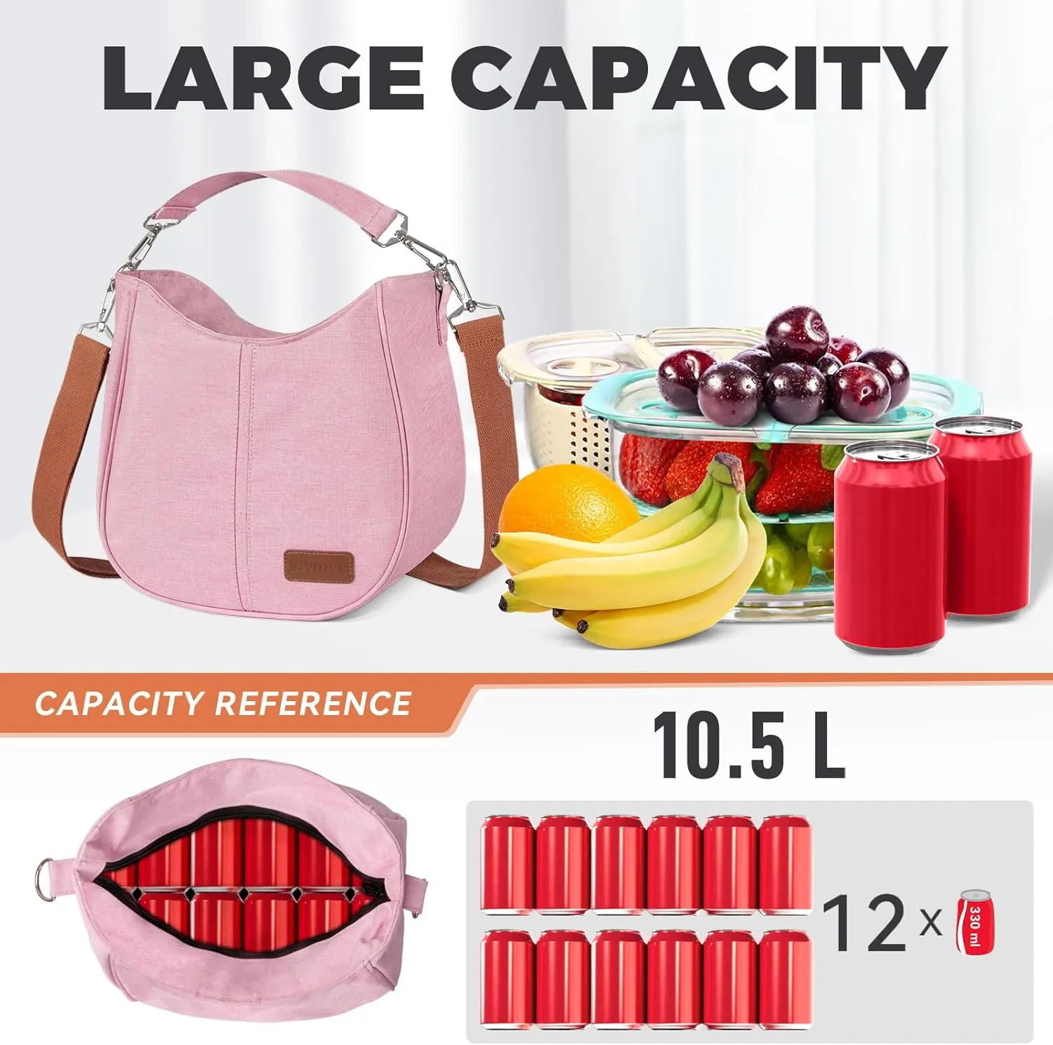 Joymee Lunch Bag for Women, Large Insulated Adult Lunch Box, Reusable Leakproof Cooler Tote Bag with Adjustable Shoulder Strap for Work Office Picnic Travel - Light Pink