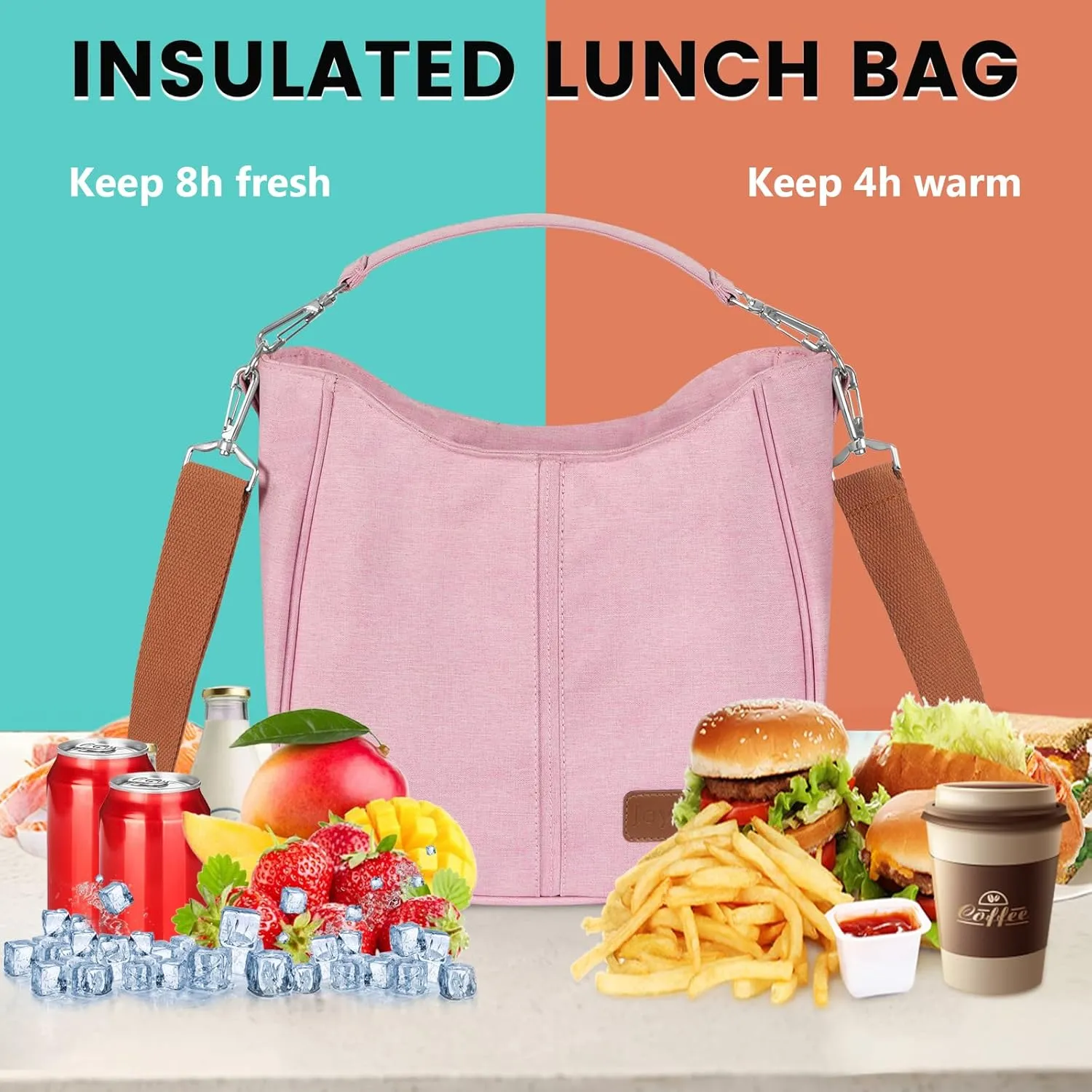 Joymee Lunch Bag for Women, Large Insulated Adult Lunch Box, Reusable Leakproof Cooler Tote Bag with Adjustable Shoulder Strap for Work Office Picnic Travel - Light Pink