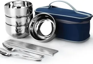 JSEIAJB Picnic Tourist Tableware Set Camping Stainless Steel Cutlery Bowl Chopsticks Spoon Suit Bag Outdoor Travel Hiking Accessories