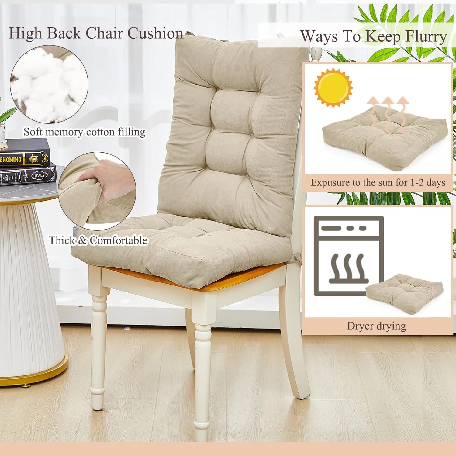 Juexica Outdoor Patio Chair Cushions Seat High Back Tufted Pillow Replacement Rocking Chair Cushions Pads for Patio Summer Seasonal Indoor Home Office(Beige,4 Sets)