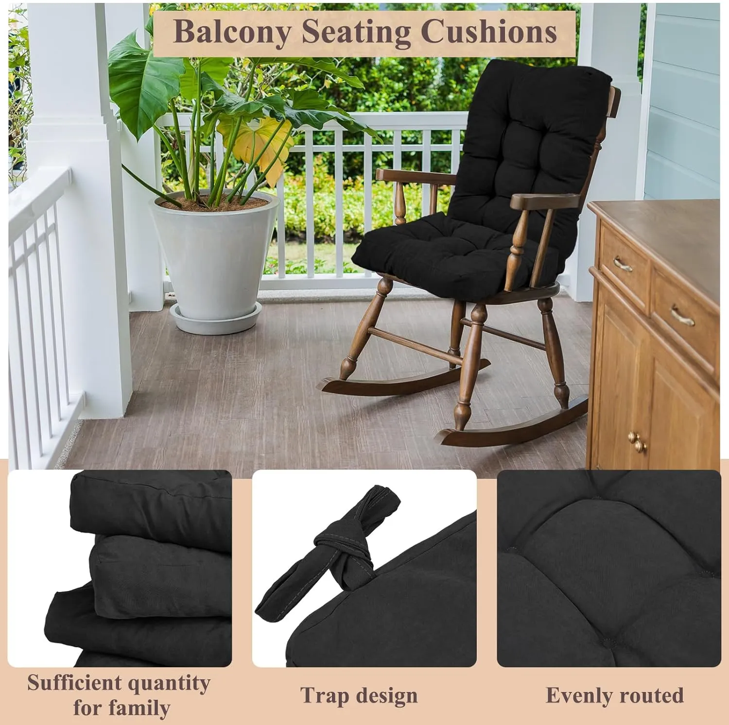 Juexica Outdoor Patio Chair Cushions Seat High Back Tufted Pillow Replacement Rocking Chair Cushions Pads for Patio Summer Seasonal Indoor Home Office(Black,4 Sets)