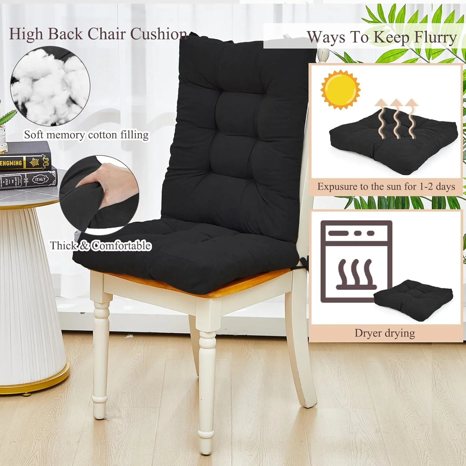 Juexica Outdoor Patio Chair Cushions Seat High Back Tufted Pillow Replacement Rocking Chair Cushions Pads for Patio Summer Seasonal Indoor Home Office(Black,4 Sets)