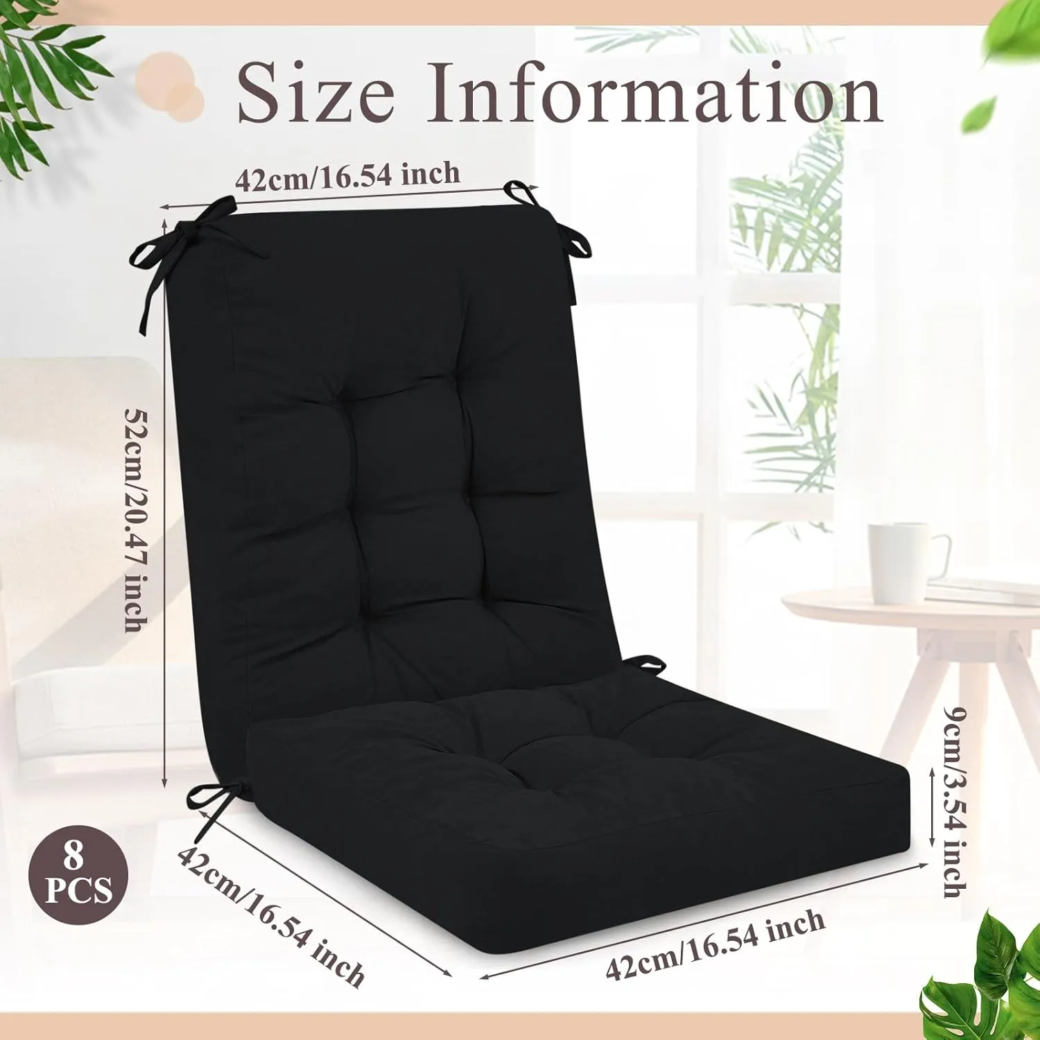 Juexica Outdoor Patio Chair Cushions Seat High Back Tufted Pillow Replacement Rocking Chair Cushions Pads for Patio Summer Seasonal Indoor Home Office(Black,4 Sets)