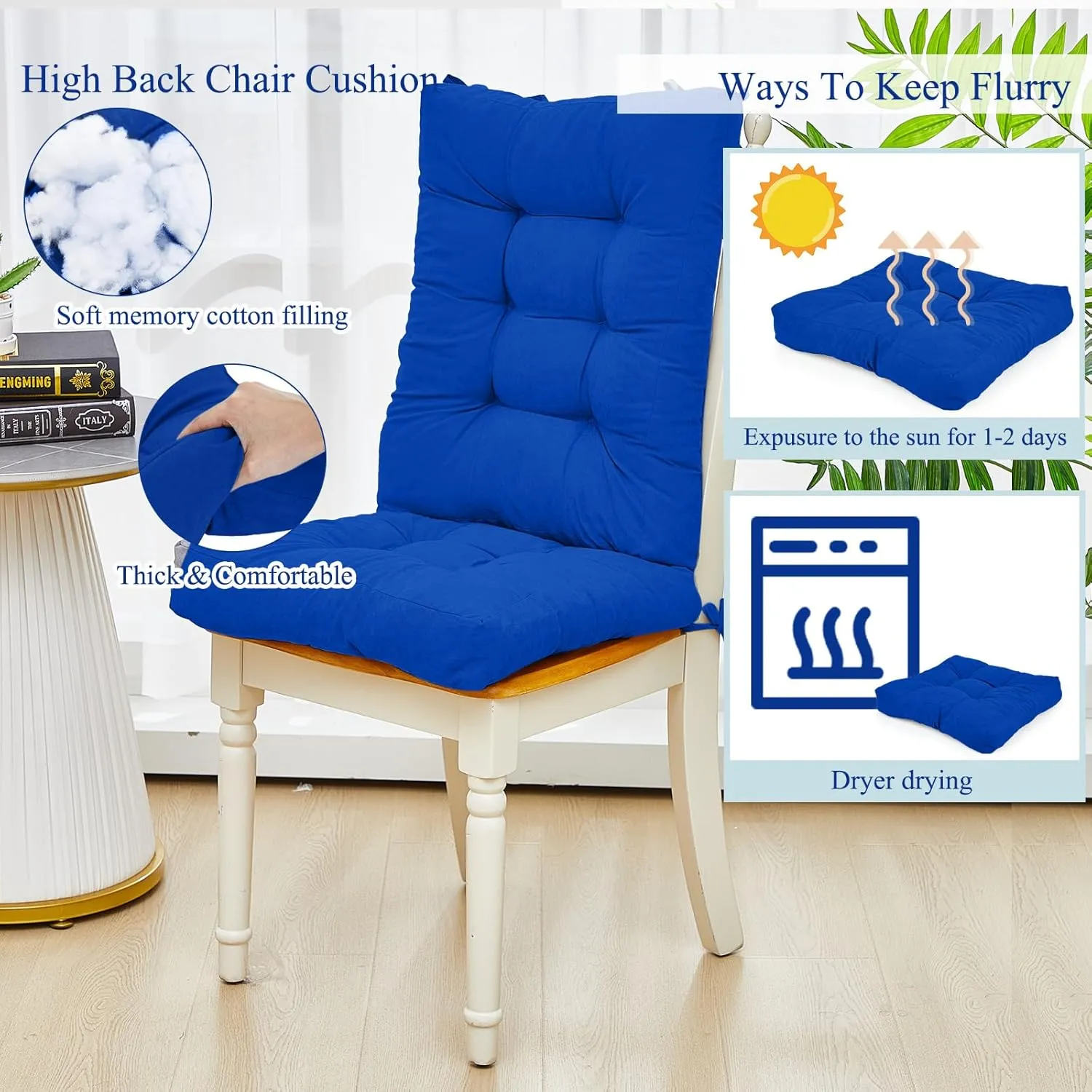 Juexica Outdoor Patio Chair Cushions Seat High Back Tufted Pillow Replacement Rocking Chair Cushions Pads for Patio Summer Seasonal Indoor Home Office(Royal Blue,4 Sets)