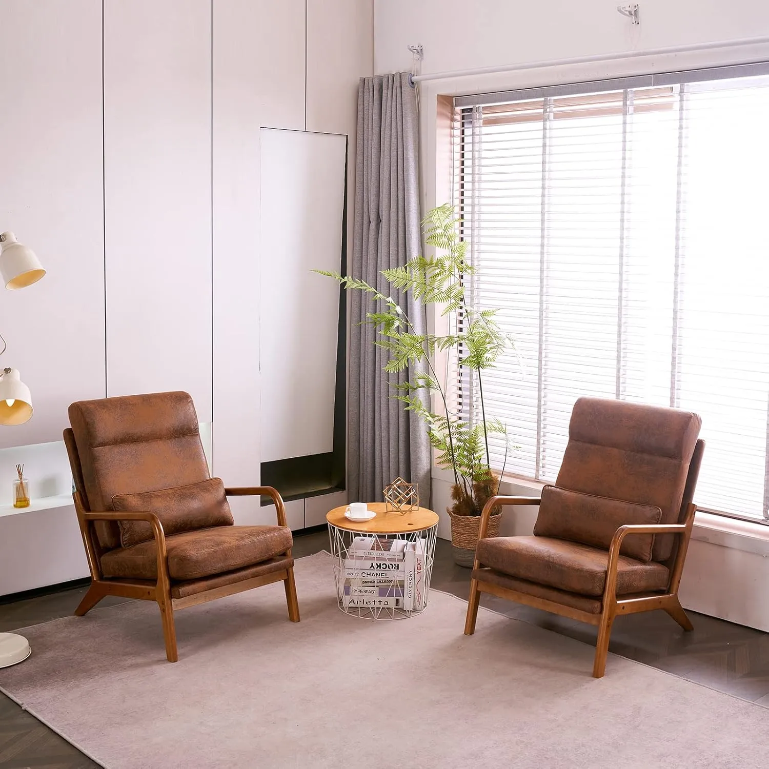 Karl home Accent Chair Mid-Century Modern Chair with Pillow High Back Bronzing Cloth Upholstered Lounge Arm Chair with Solid Wood Frame & Soft Cushion for Living Room, Bedroom, Balcony, Brown