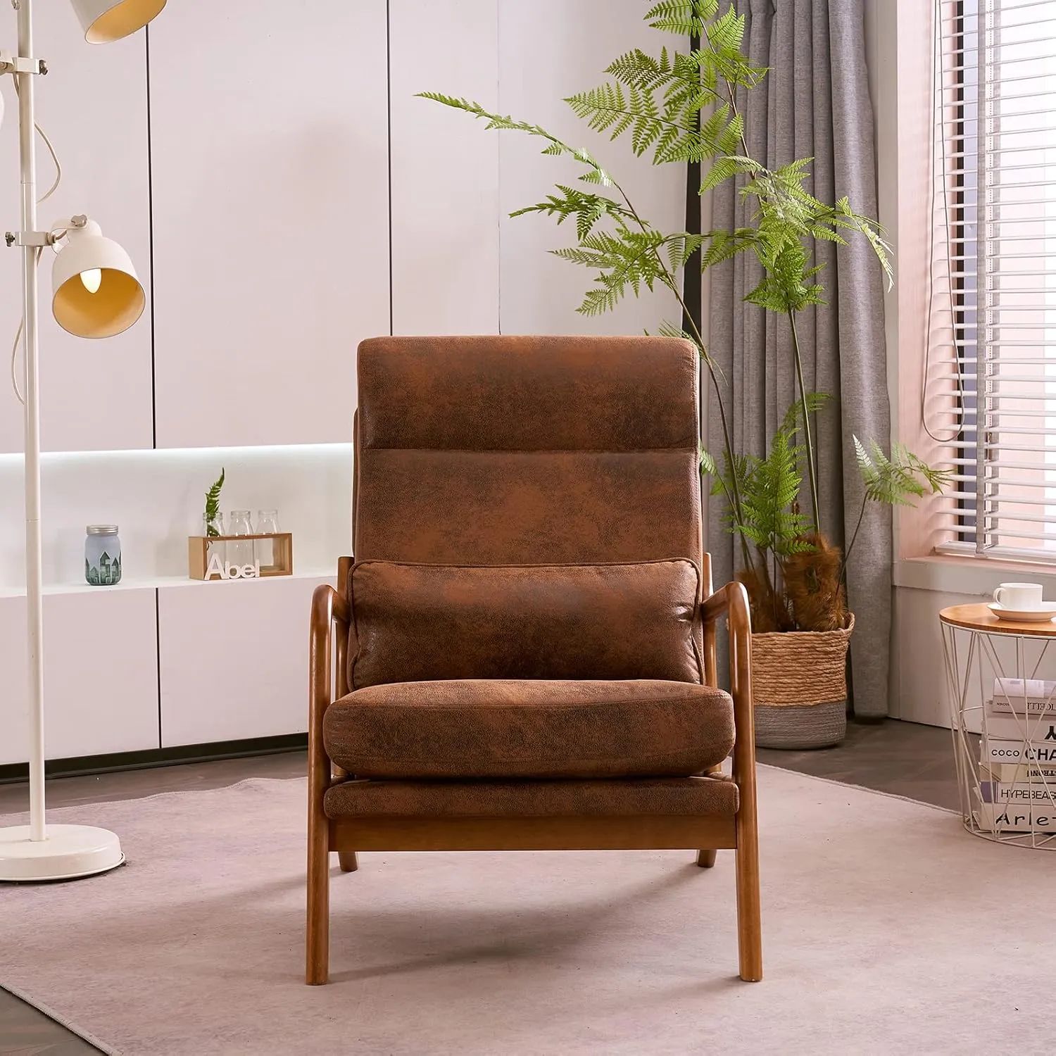 Karl home Accent Chair Mid-Century Modern Chair with Pillow High Back Bronzing Cloth Upholstered Lounge Arm Chair with Solid Wood Frame & Soft Cushion for Living Room, Bedroom, Balcony, Brown