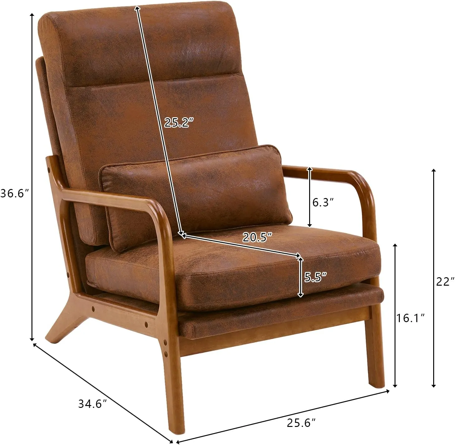 Karl home Accent Chair Mid-Century Modern Chair with Pillow High Back Bronzing Cloth Upholstered Lounge Arm Chair with Solid Wood Frame & Soft Cushion for Living Room, Bedroom, Balcony, Brown