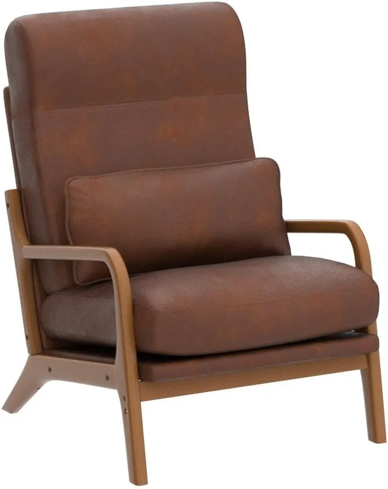 Karl home Accent Chair Mid-Century Modern Chair with Pillow High Back Bronzing Cloth Upholstered Lounge Arm Chair with Solid Wood Frame & Soft Cushion for Living Room, Bedroom, Balcony, Brown