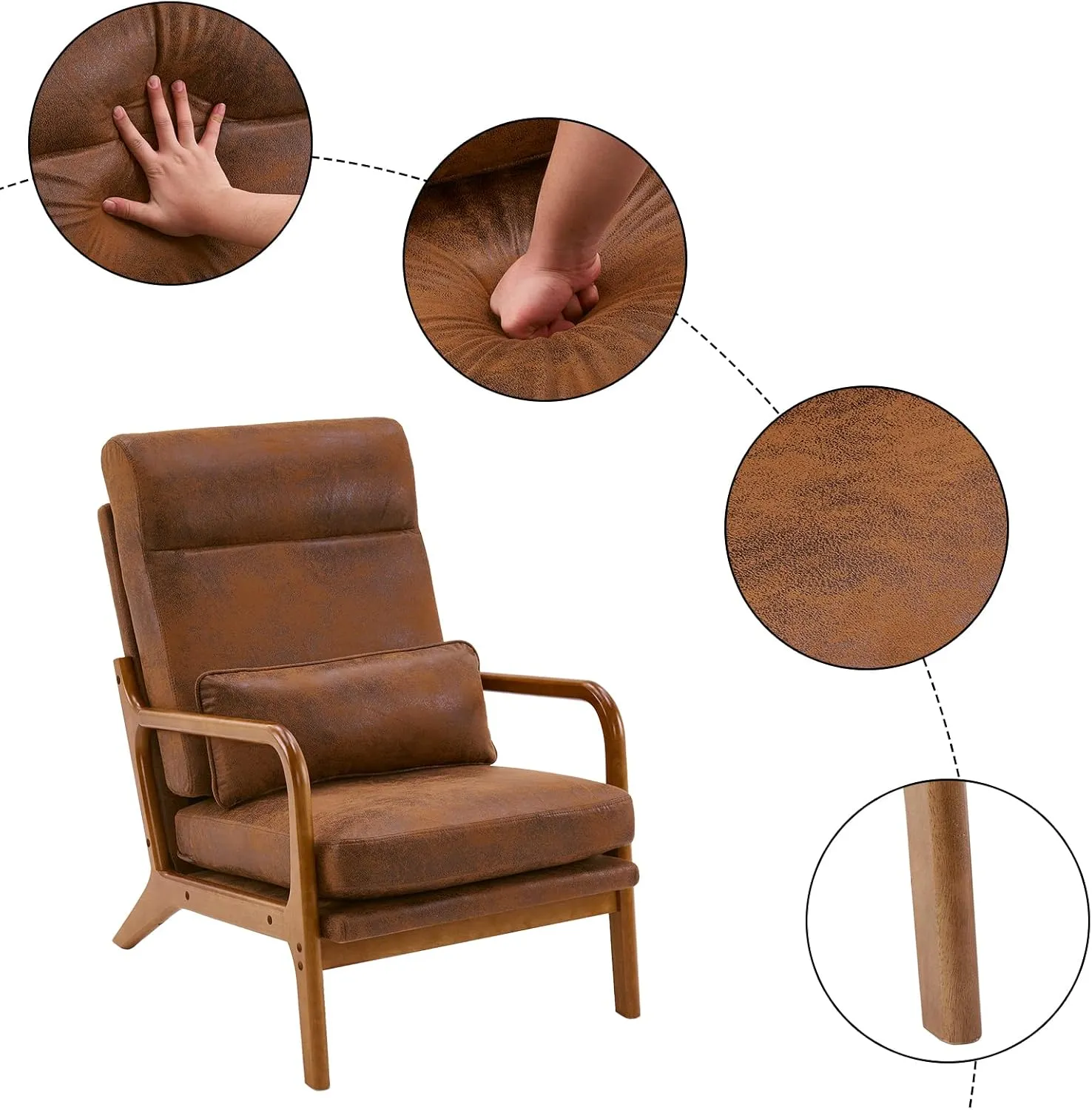 Karl home Accent Chair Mid-Century Modern Chair with Pillow High Back Bronzing Cloth Upholstered Lounge Arm Chair with Solid Wood Frame & Soft Cushion for Living Room, Bedroom, Balcony, Brown