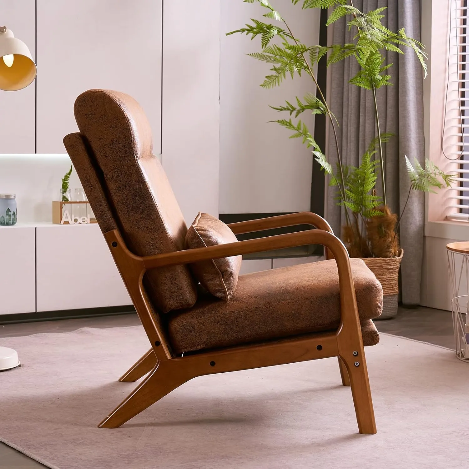 Karl home Accent Chair Mid-Century Modern Chair with Pillow High Back Bronzing Cloth Upholstered Lounge Arm Chair with Solid Wood Frame & Soft Cushion for Living Room, Bedroom, Balcony, Brown