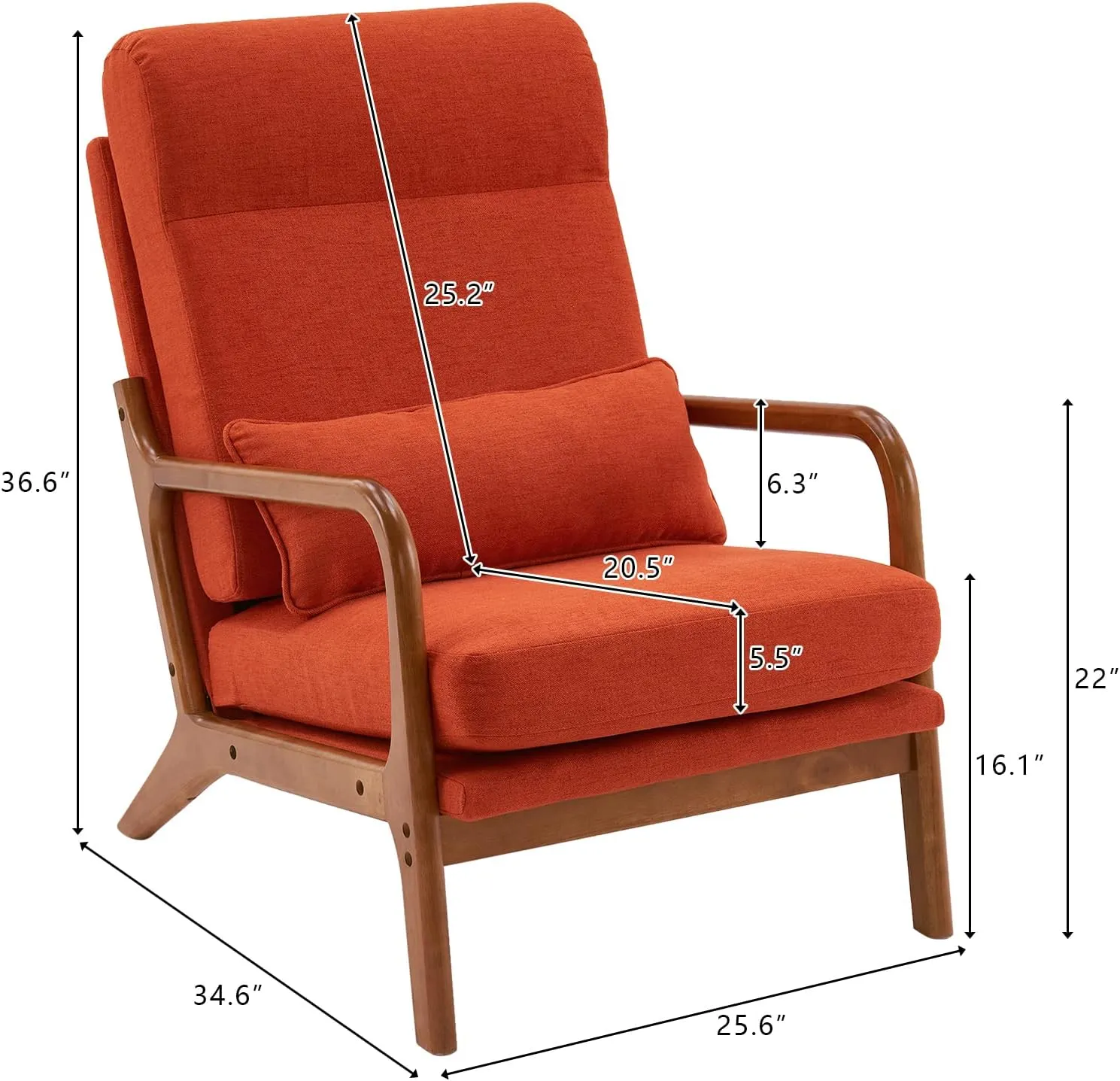 Karl home Accent Chair Mid-Century Modern Chair with Pillow High Back Linen Fabric Upholstered Lounge Arm Chair with Solid Wood Frame & Soft Cushion for Living Room, Bedroom, Balcony, Burnt Orange