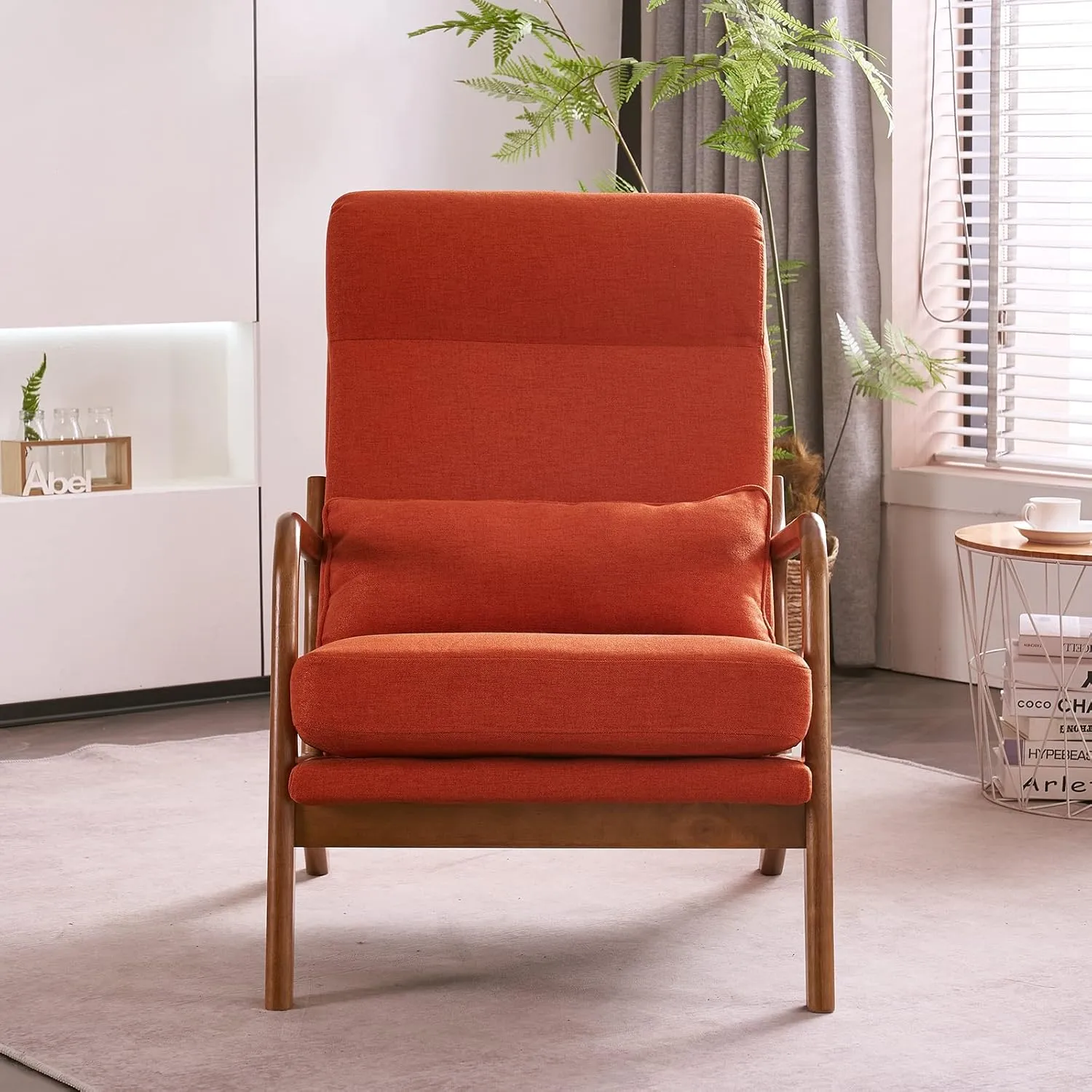 Karl home Accent Chair Mid-Century Modern Chair with Pillow High Back Linen Fabric Upholstered Lounge Arm Chair with Solid Wood Frame & Soft Cushion for Living Room, Bedroom, Balcony, Burnt Orange