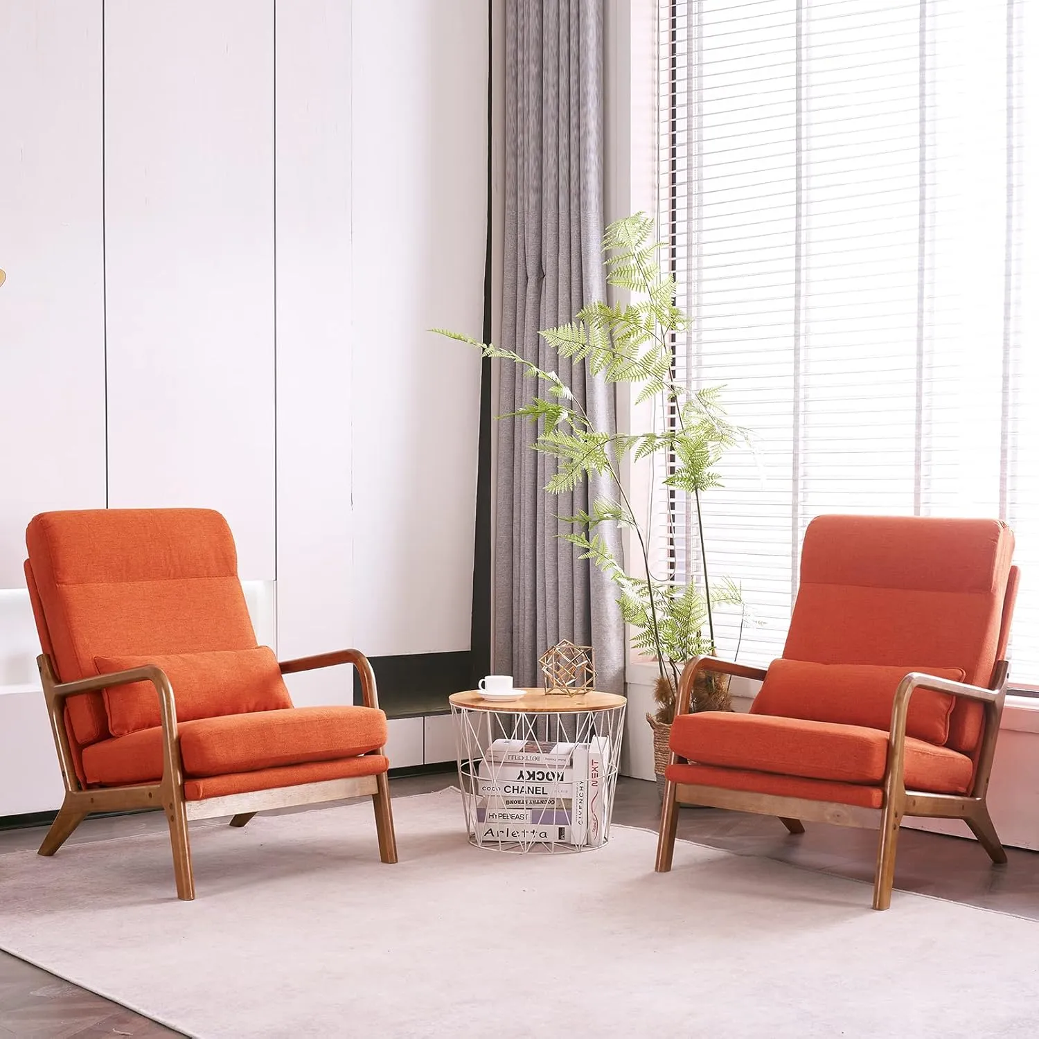 Karl home Accent Chair Mid-Century Modern Chair with Pillow High Back Linen Fabric Upholstered Lounge Arm Chair with Solid Wood Frame & Soft Cushion for Living Room, Bedroom, Balcony, Burnt Orange