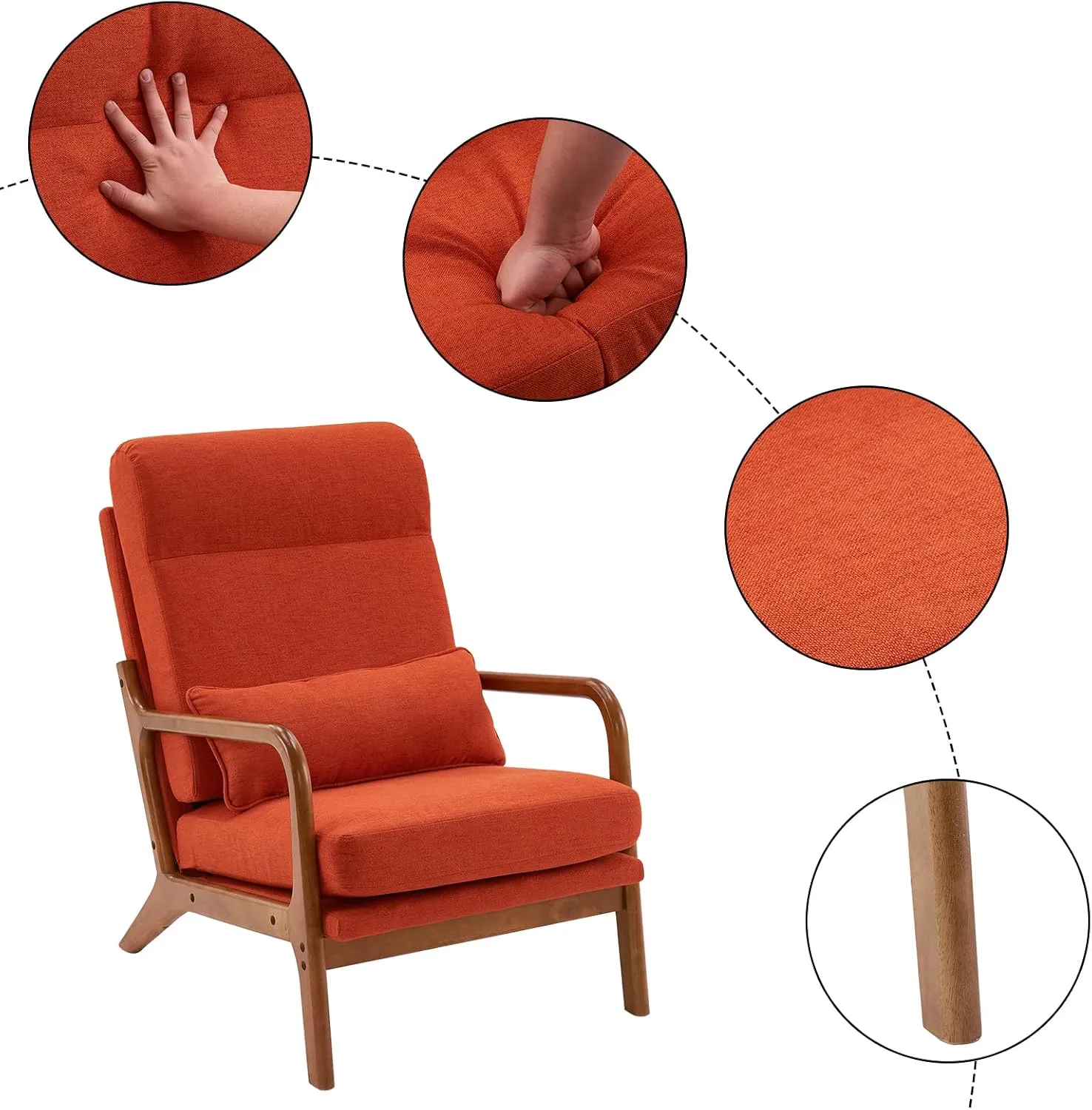 Karl home Accent Chair Mid-Century Modern Chair with Pillow High Back Linen Fabric Upholstered Lounge Arm Chair with Solid Wood Frame & Soft Cushion for Living Room, Bedroom, Balcony, Burnt Orange
