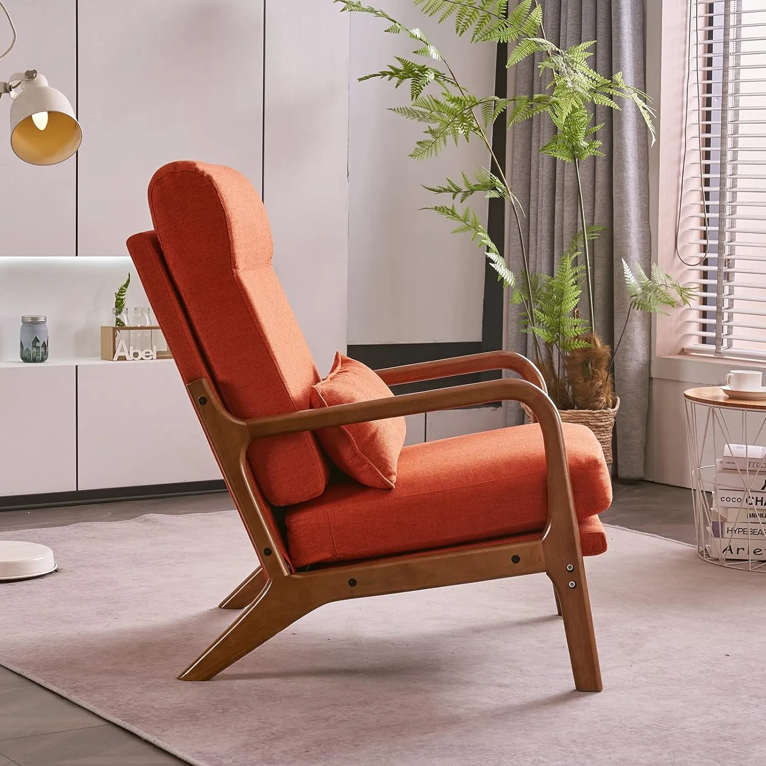 Karl home Accent Chair Mid-Century Modern Chair with Pillow High Back Linen Fabric Upholstered Lounge Arm Chair with Solid Wood Frame & Soft Cushion for Living Room, Bedroom, Balcony, Burnt Orange