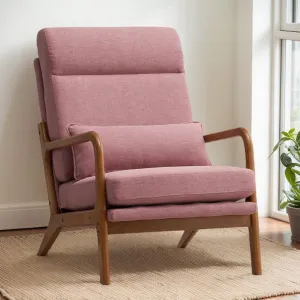 Karl home Accent Chair Mid-Century Modern Chair with Pillow High Back Linen Fabric Upholstered Lounge Arm Chair with Solid Wood Frame & Soft Cushion for Living Room, Bedroom, Balcony, Pink