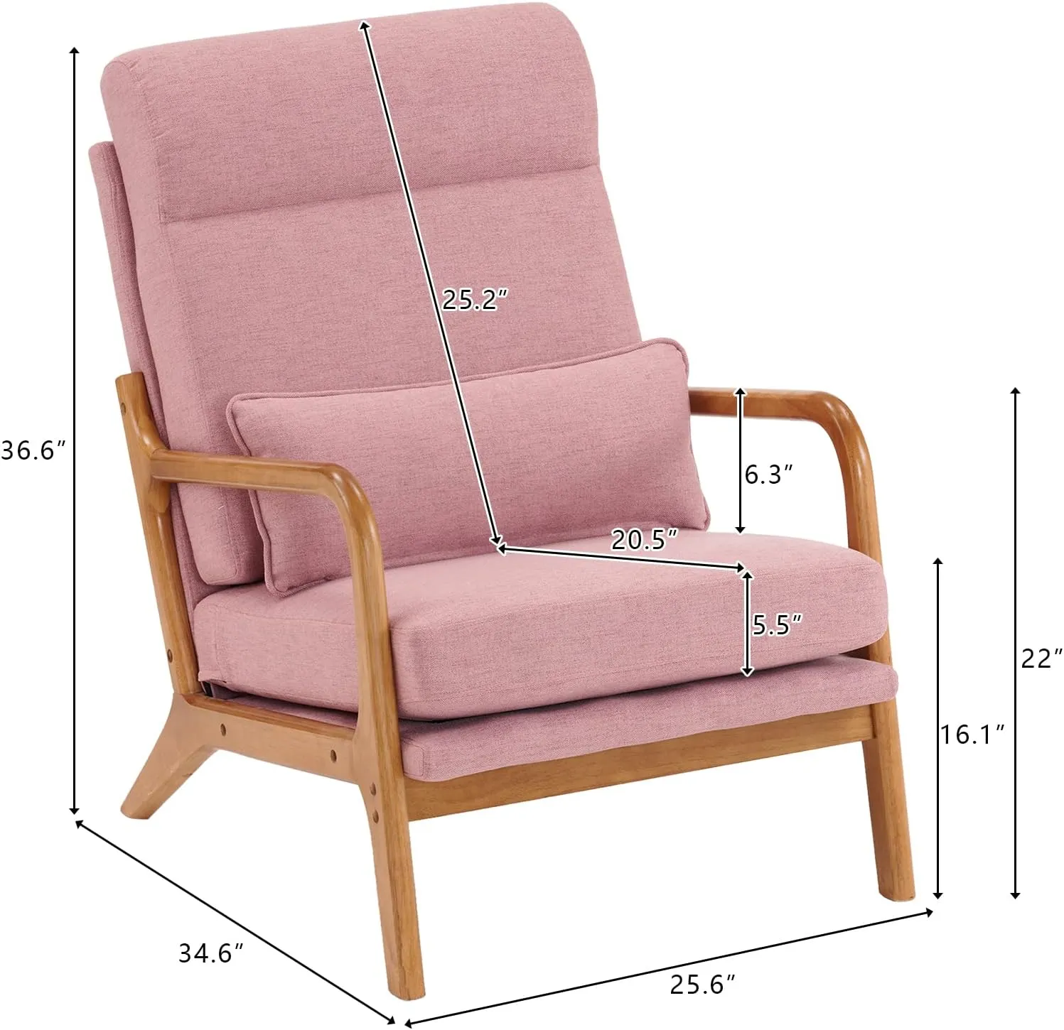 Karl home Accent Chair Mid-Century Modern Chair with Pillow High Back Linen Fabric Upholstered Lounge Arm Chair with Solid Wood Frame & Soft Cushion for Living Room, Bedroom, Balcony, Pink