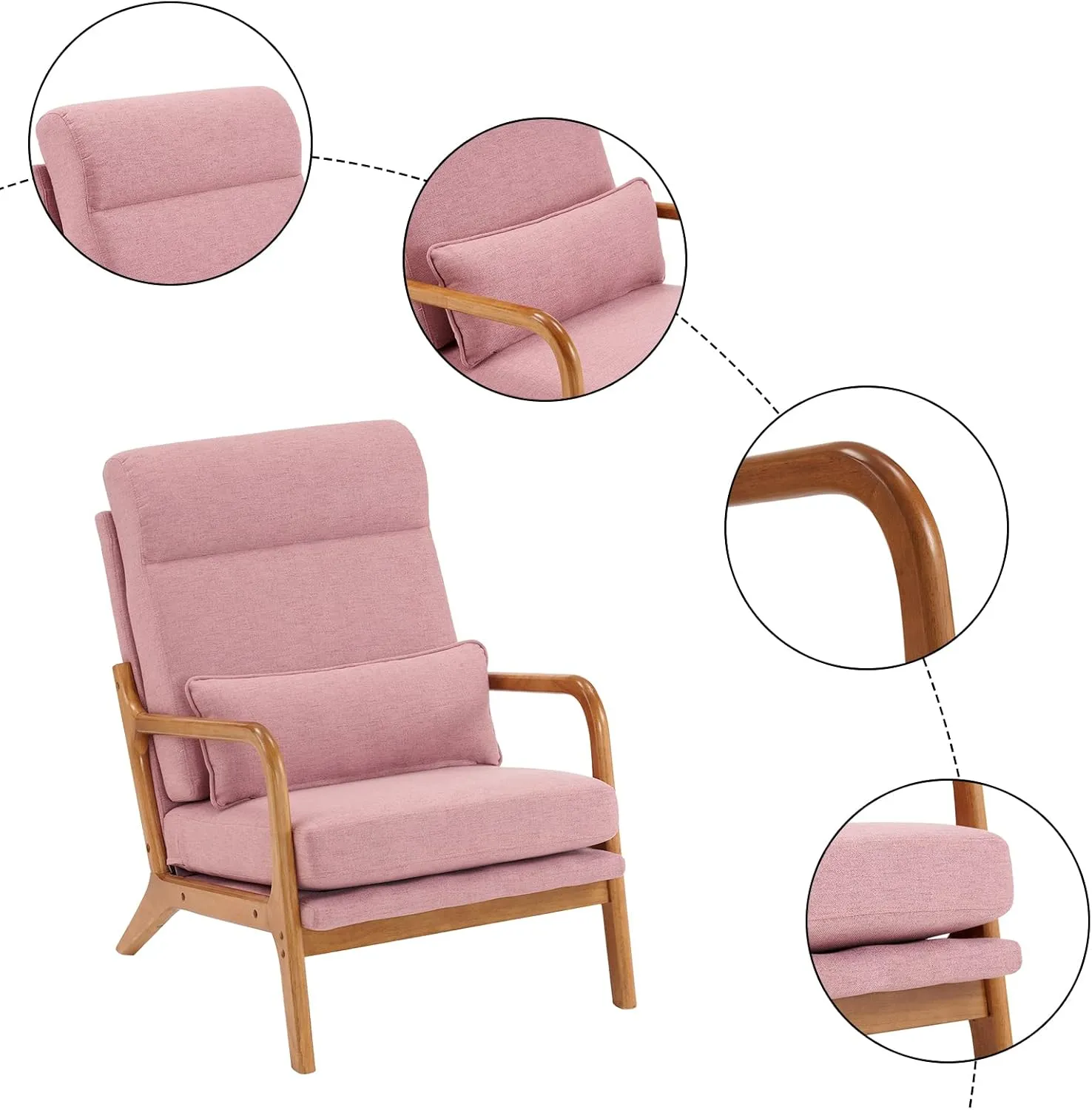 Karl home Accent Chair Mid-Century Modern Chair with Pillow High Back Linen Fabric Upholstered Lounge Arm Chair with Solid Wood Frame & Soft Cushion for Living Room, Bedroom, Balcony, Pink