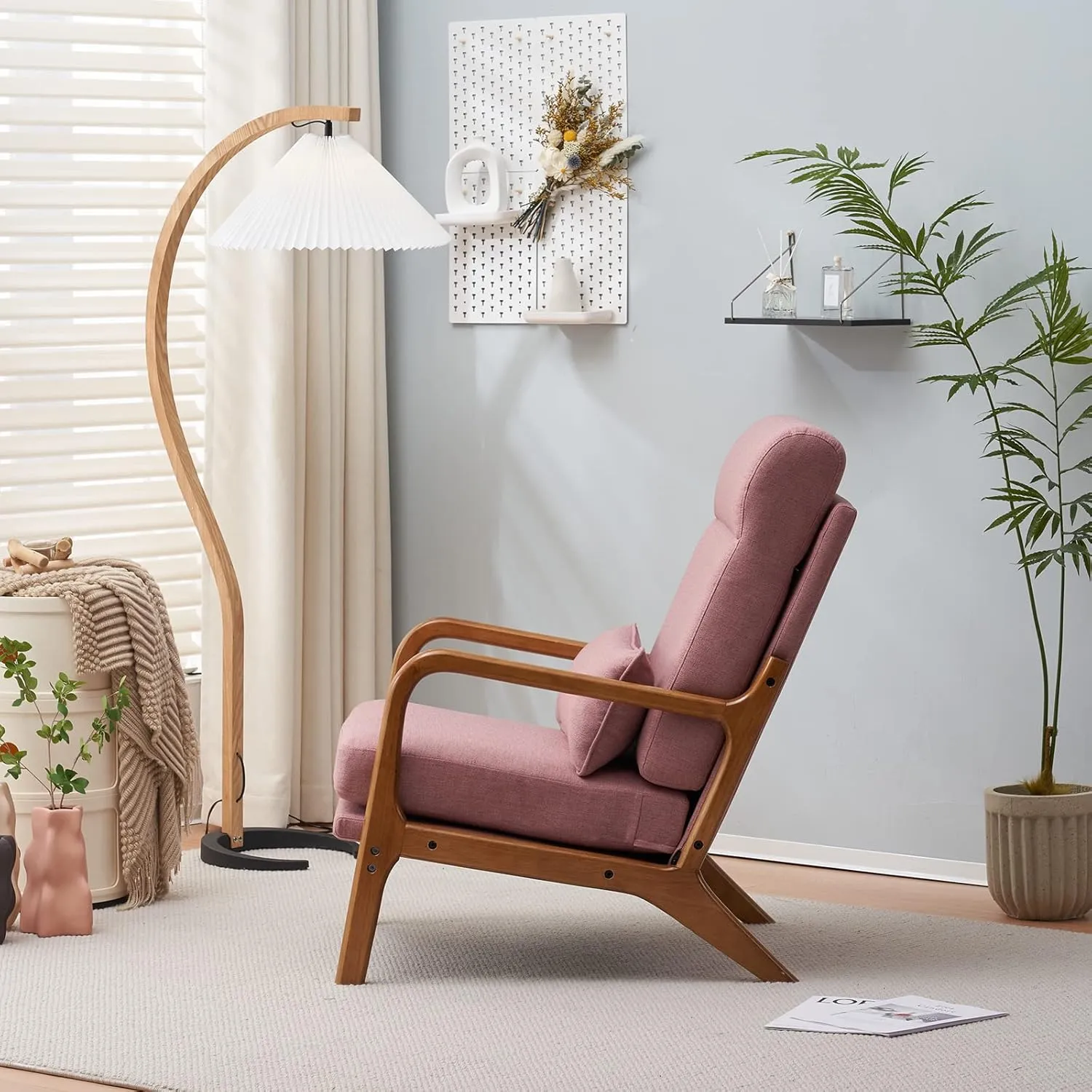 Karl home Accent Chair Mid-Century Modern Chair with Pillow High Back Linen Fabric Upholstered Lounge Arm Chair with Solid Wood Frame & Soft Cushion for Living Room, Bedroom, Balcony, Pink