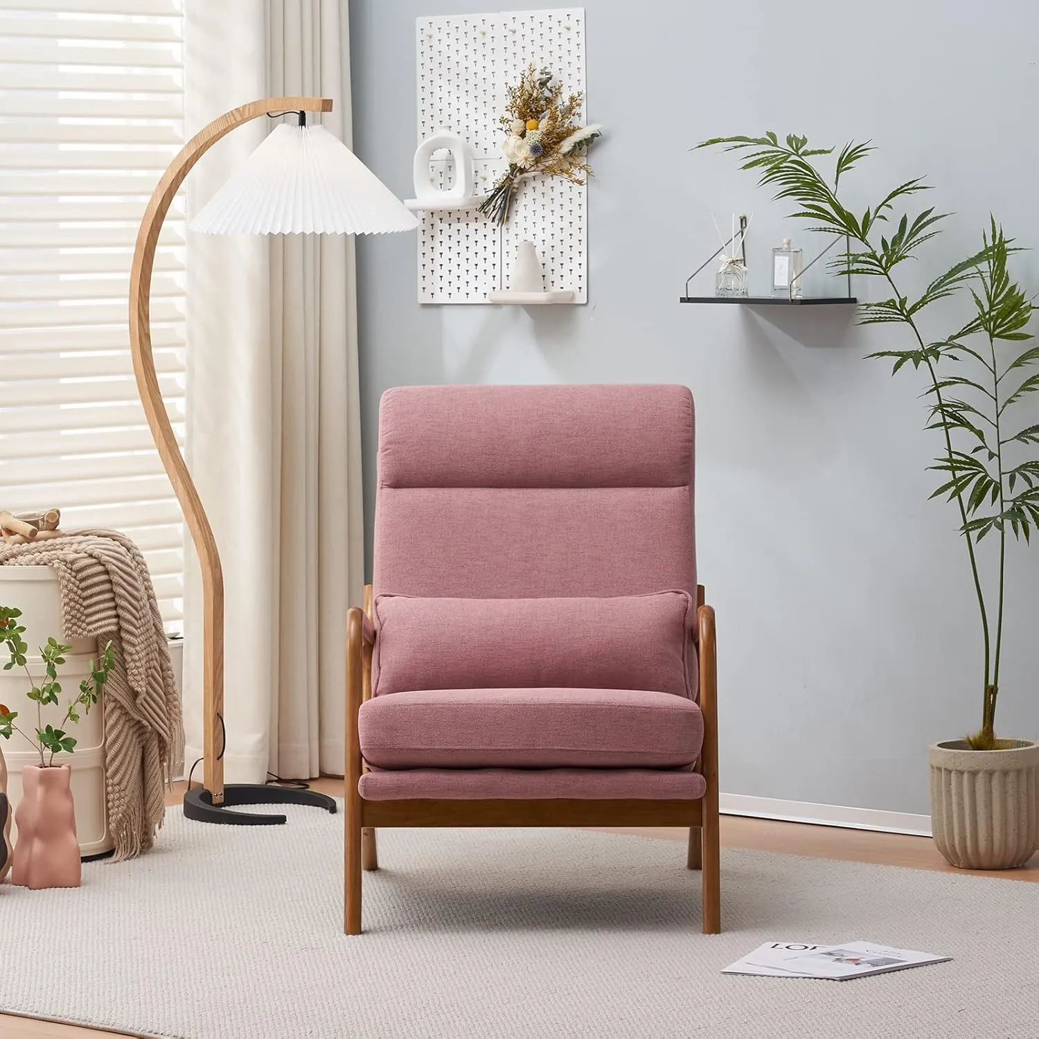 Karl home Accent Chair Mid-Century Modern Chair with Pillow High Back Linen Fabric Upholstered Lounge Arm Chair with Solid Wood Frame & Soft Cushion for Living Room, Bedroom, Balcony, Pink