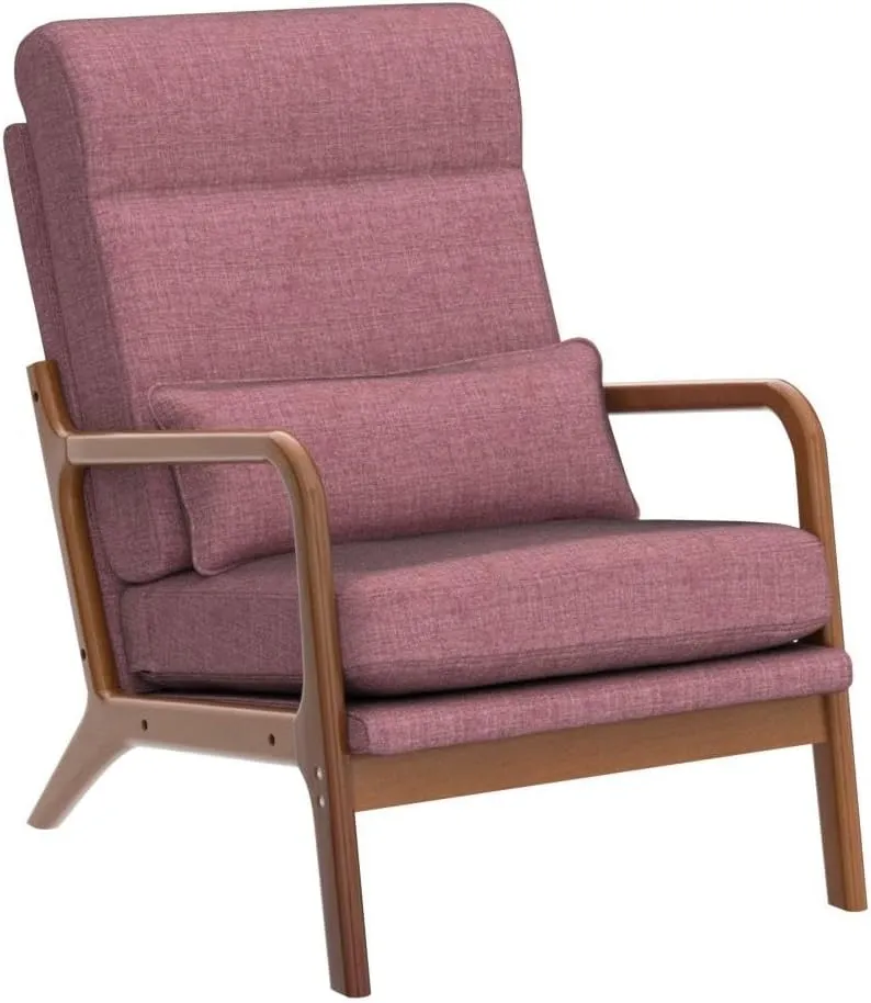 Karl home Accent Chair Mid-Century Modern Chair with Pillow High Back Linen Fabric Upholstered Lounge Arm Chair with Solid Wood Frame & Soft Cushion for Living Room, Bedroom, Balcony, Pink