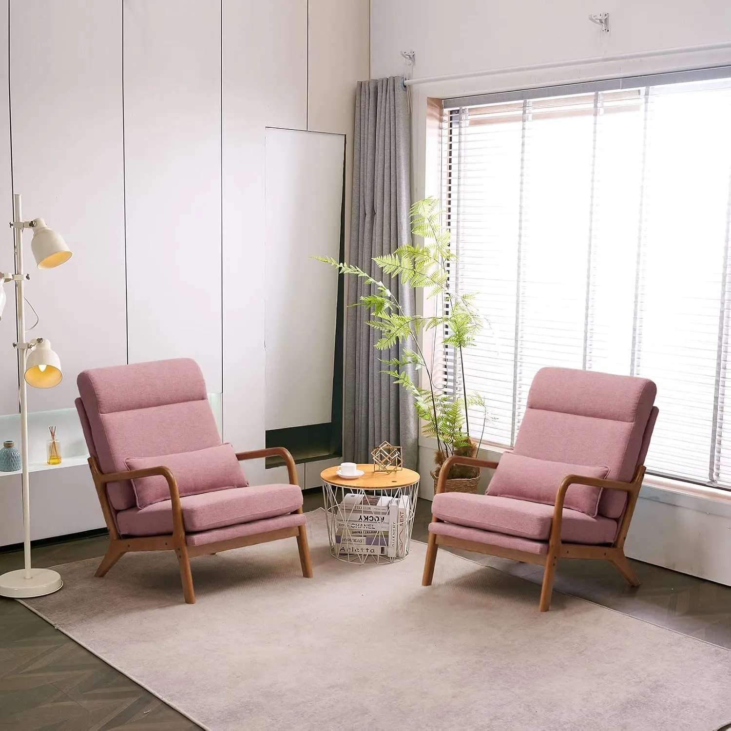 Karl home Accent Chair Mid-Century Modern Chair with Pillow High Back Linen Fabric Upholstered Lounge Arm Chair with Solid Wood Frame & Soft Cushion for Living Room, Bedroom, Balcony, Pink