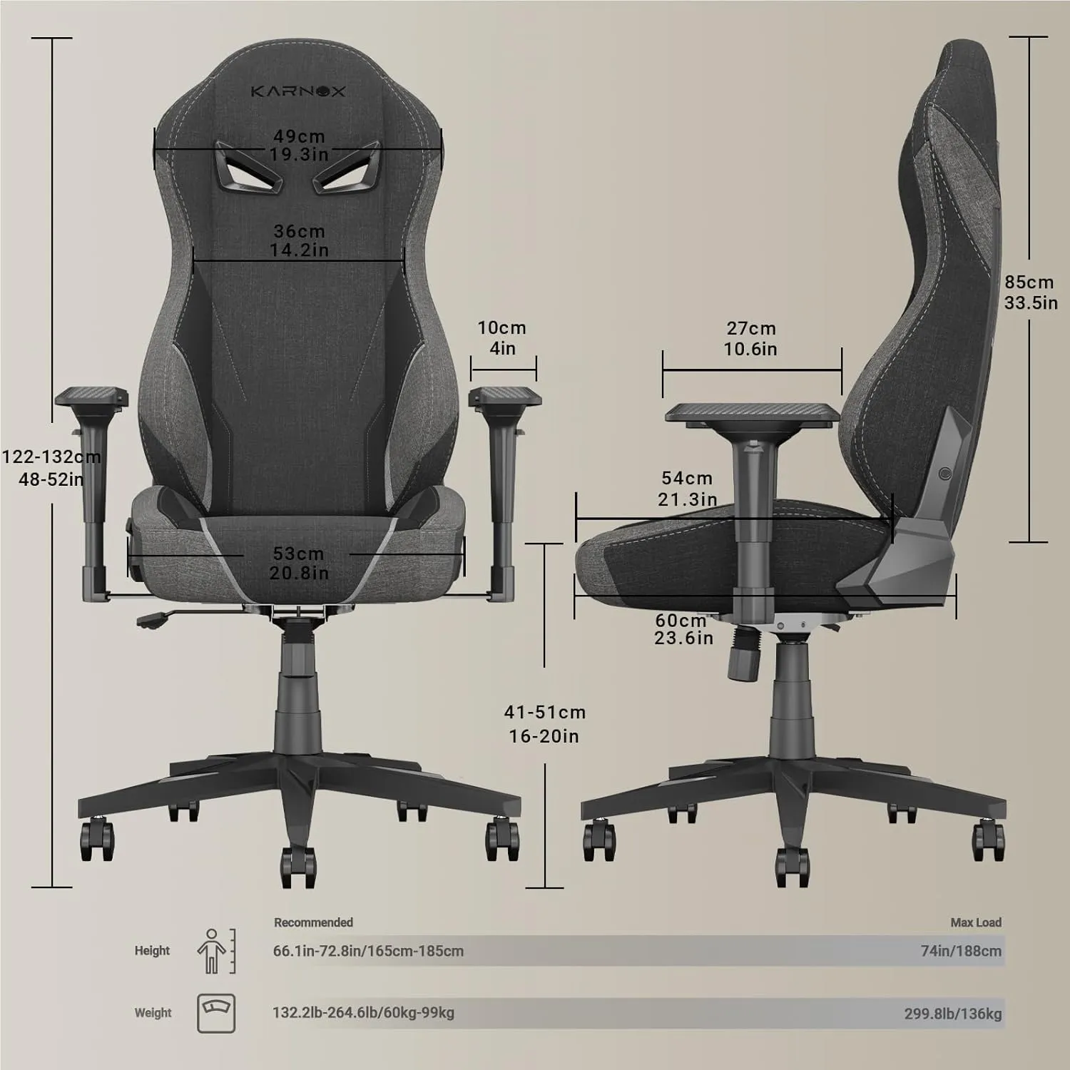 KARNOX Ergonomic Gaming Chair Fabric for Adults -,Game Chair High Back Big and Tall with Headrest and Lumbar Support,Racing Style Gaming Chair Cloth 155° Recline with Angle Lock,Dark Grey