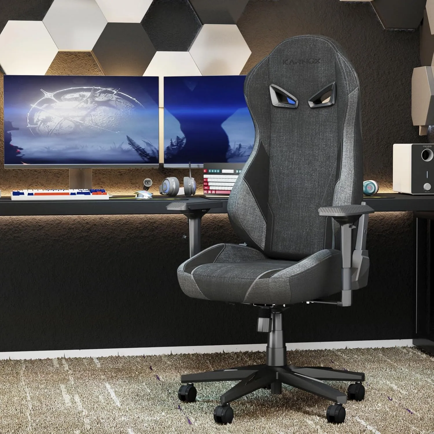 KARNOX Ergonomic Gaming Chair Fabric for Adults -,Game Chair High Back Big and Tall with Headrest and Lumbar Support,Racing Style Gaming Chair Cloth 155° Recline with Angle Lock,Dark Grey